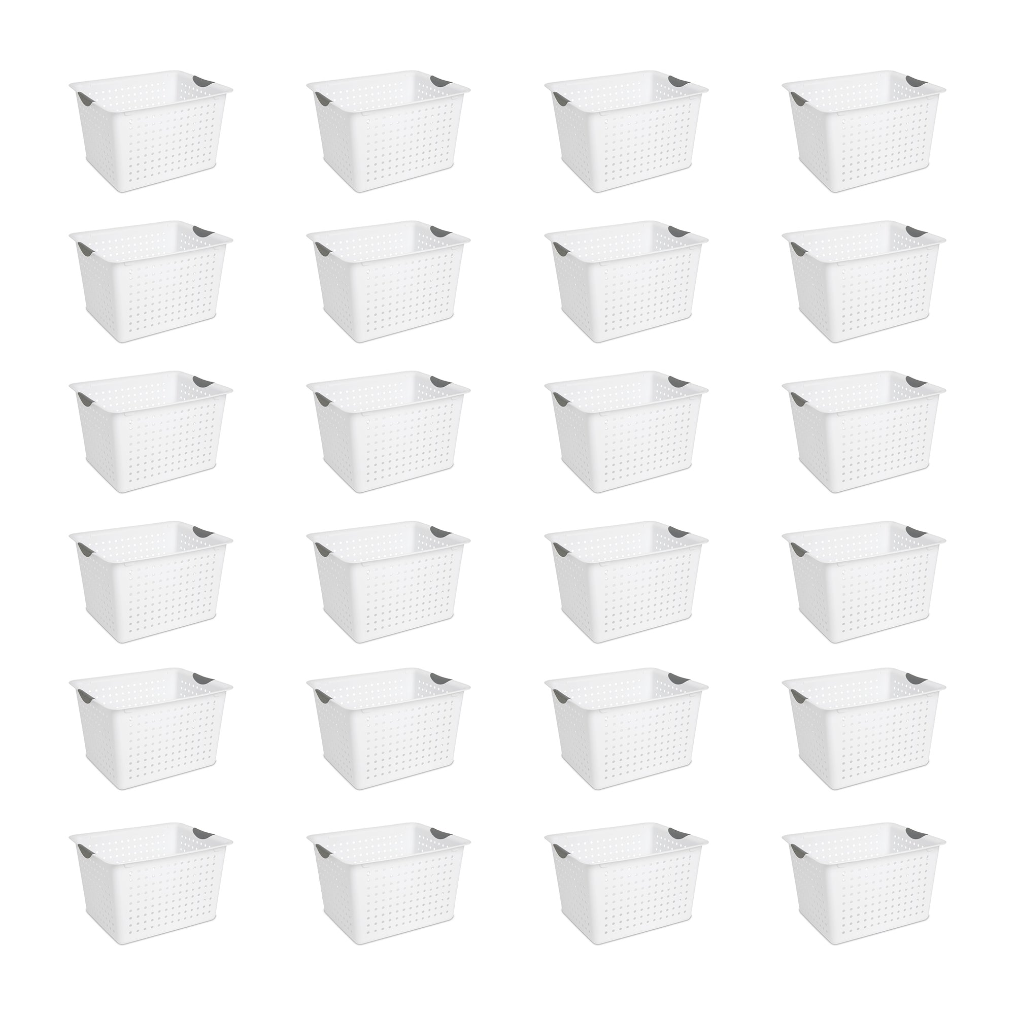 Sterilite Deep Ultra Plastic Storage Bin Baskets with Handles, White, 24 Pack