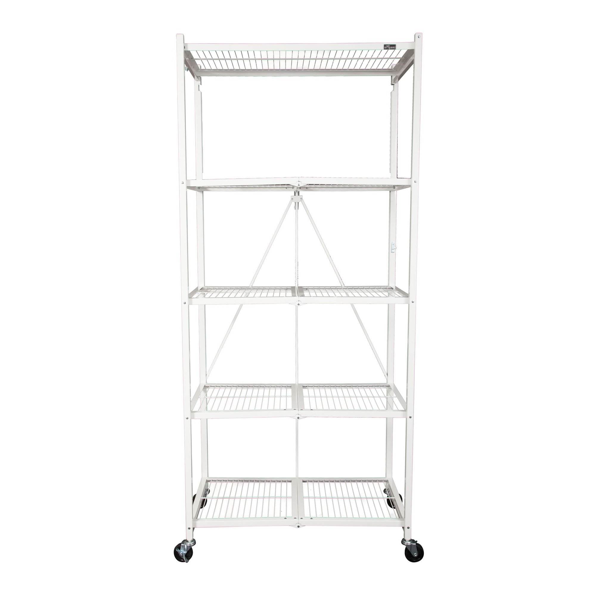 Origami Large Wheeled 5-Shelf Folding Steel Wire Shelving, White (21"x36"x78")