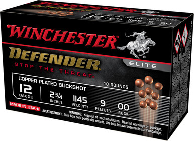 Winchester Defender 12 Gauge 2-3/4" 00 Plated Buckshot 9 Pellets 10Rnd Shotgun Ammo