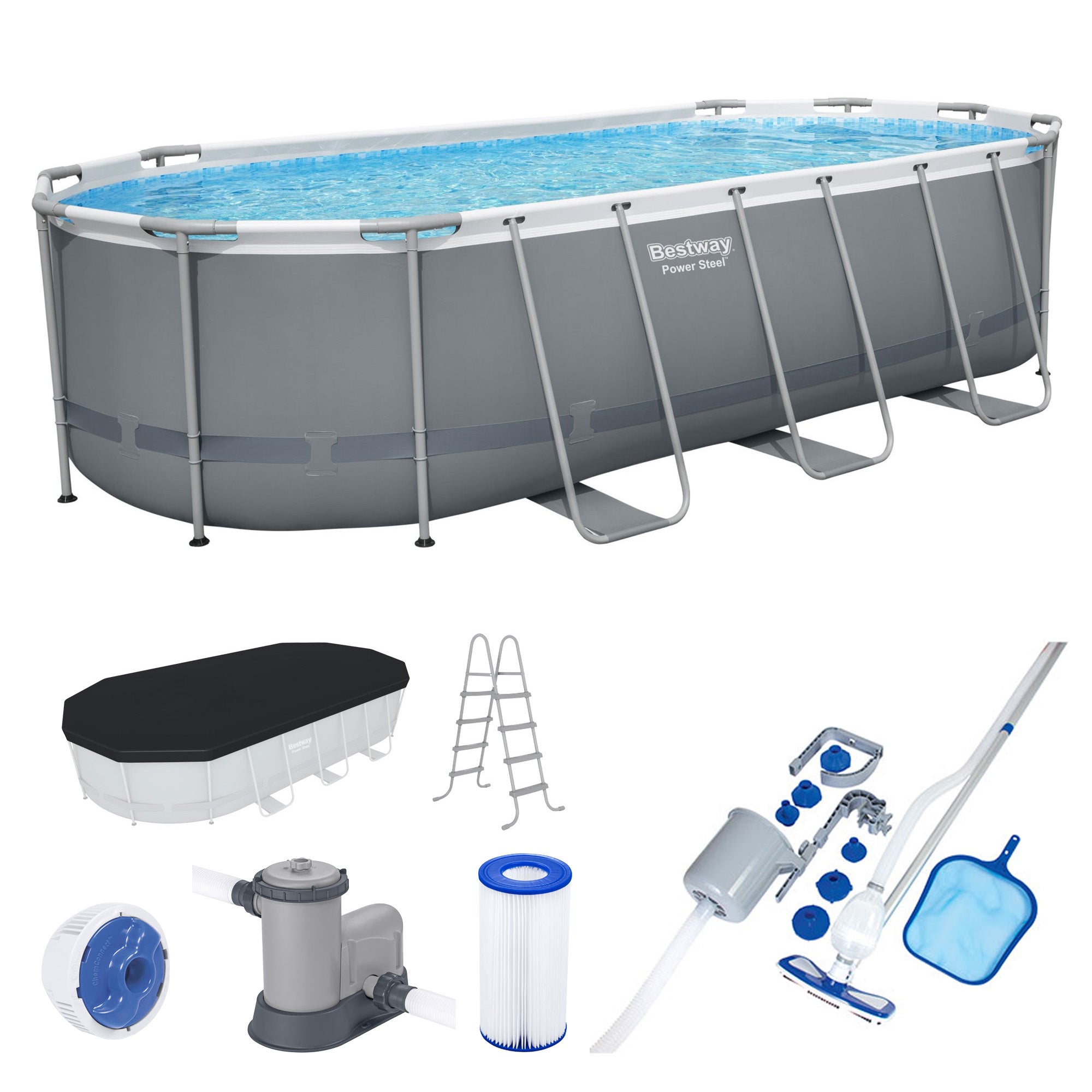 Bestway 18 Foot Power Steel Swimming Pool Set with Vacuum and Maintenance Kit