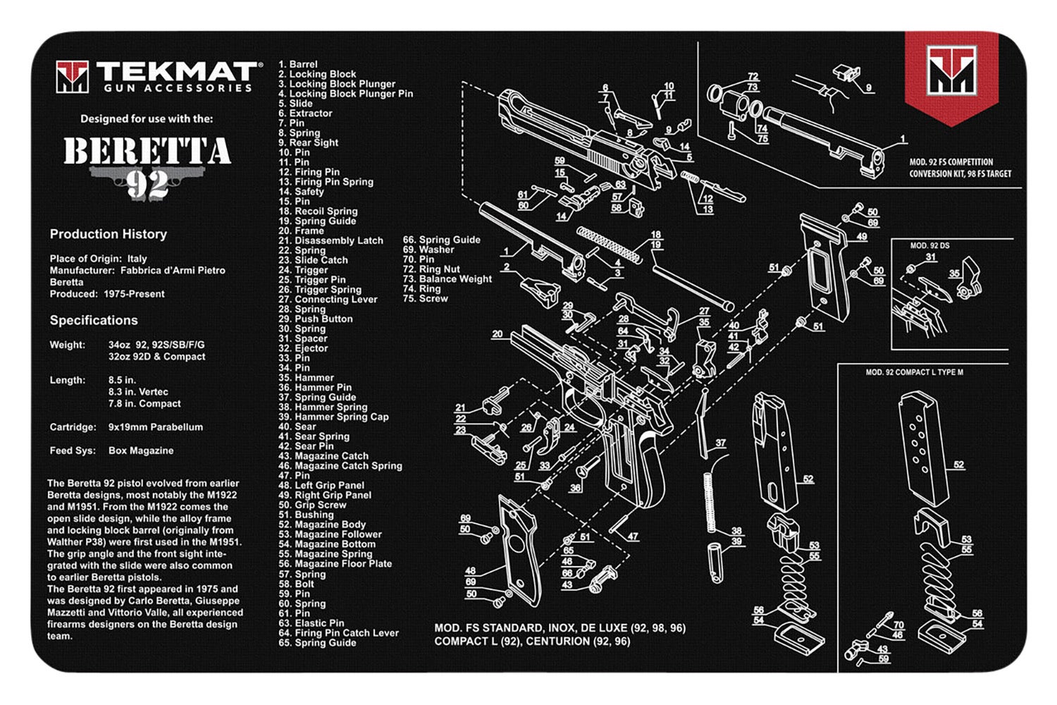 TekMat Beretta 92 Original Mat Black/White Rubber 17 Long 11" x 17" Beretta 92 Parts Diagram Illustration"