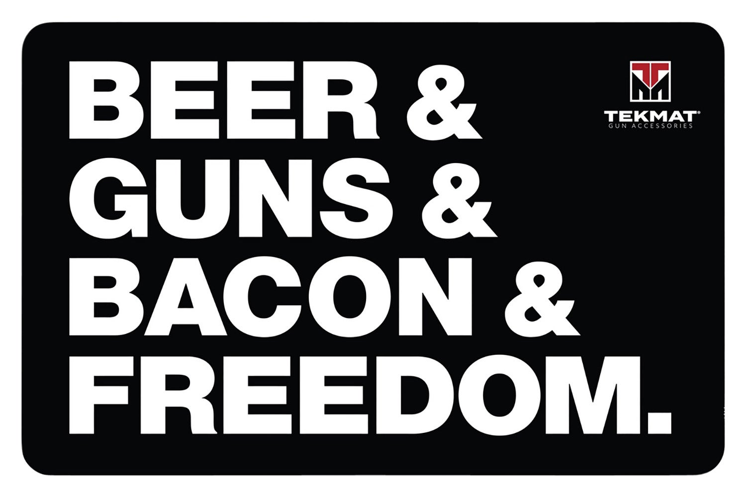 TekMat Beer & Guns & Bacon & Freedom" Original Mat Black/White Rubber 17" Long 11" x 17" "Beer & Guns & Bacon & Freedom" Illustration"