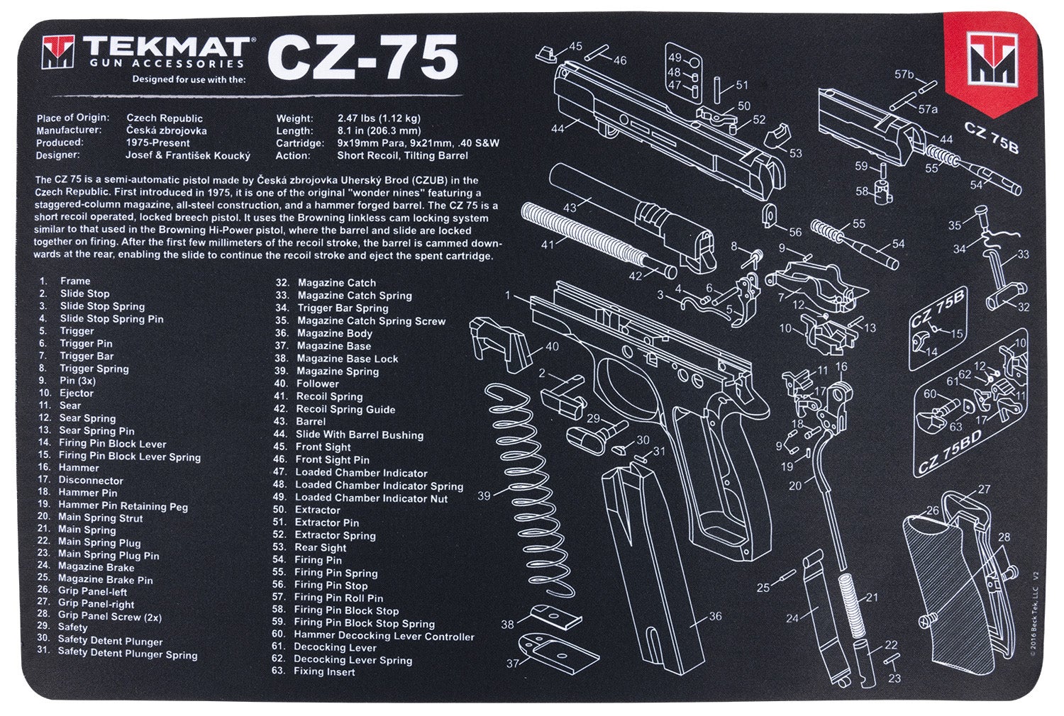 TekMat CZ 75 Original Mat Black/White Rubber 17 Long 11" x 17" CZ-75 Parts Diagram Illustration"
