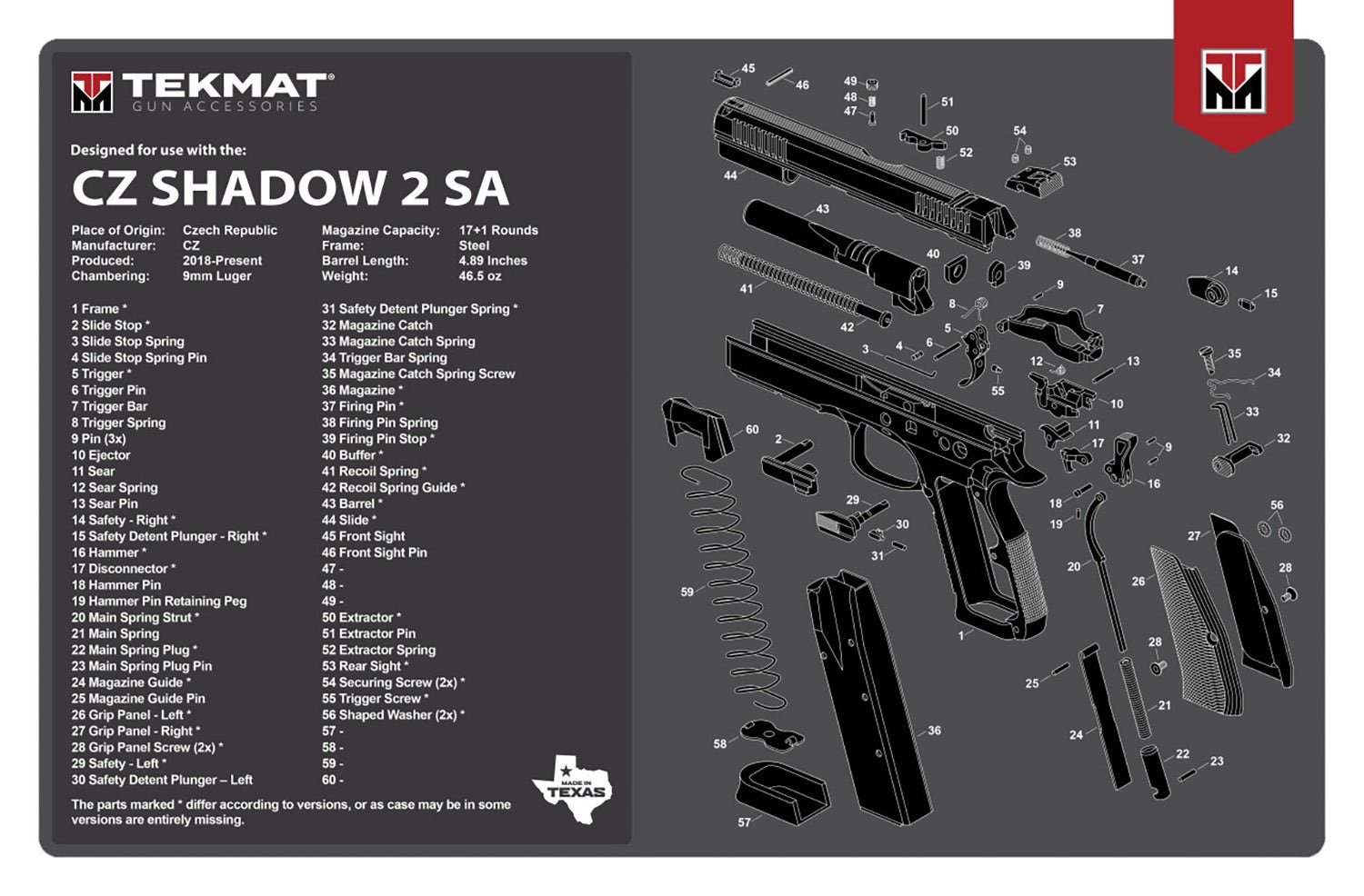 TekMat CZ Shadow 2 SA Original Mat Black/White Rubber 17 Long 11" x 17" CZ-75 Shadow 2 SA Diagram Illustration"