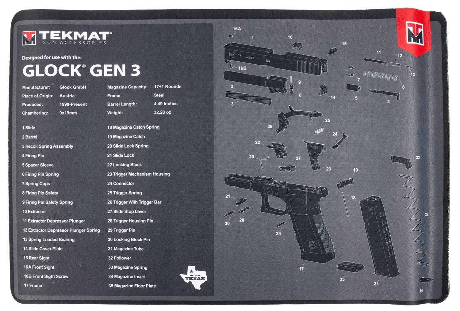 TekMat Black/White Rubber 17 Long 11" x 17" Glock Gen3 Parts Cleaning Mat"
