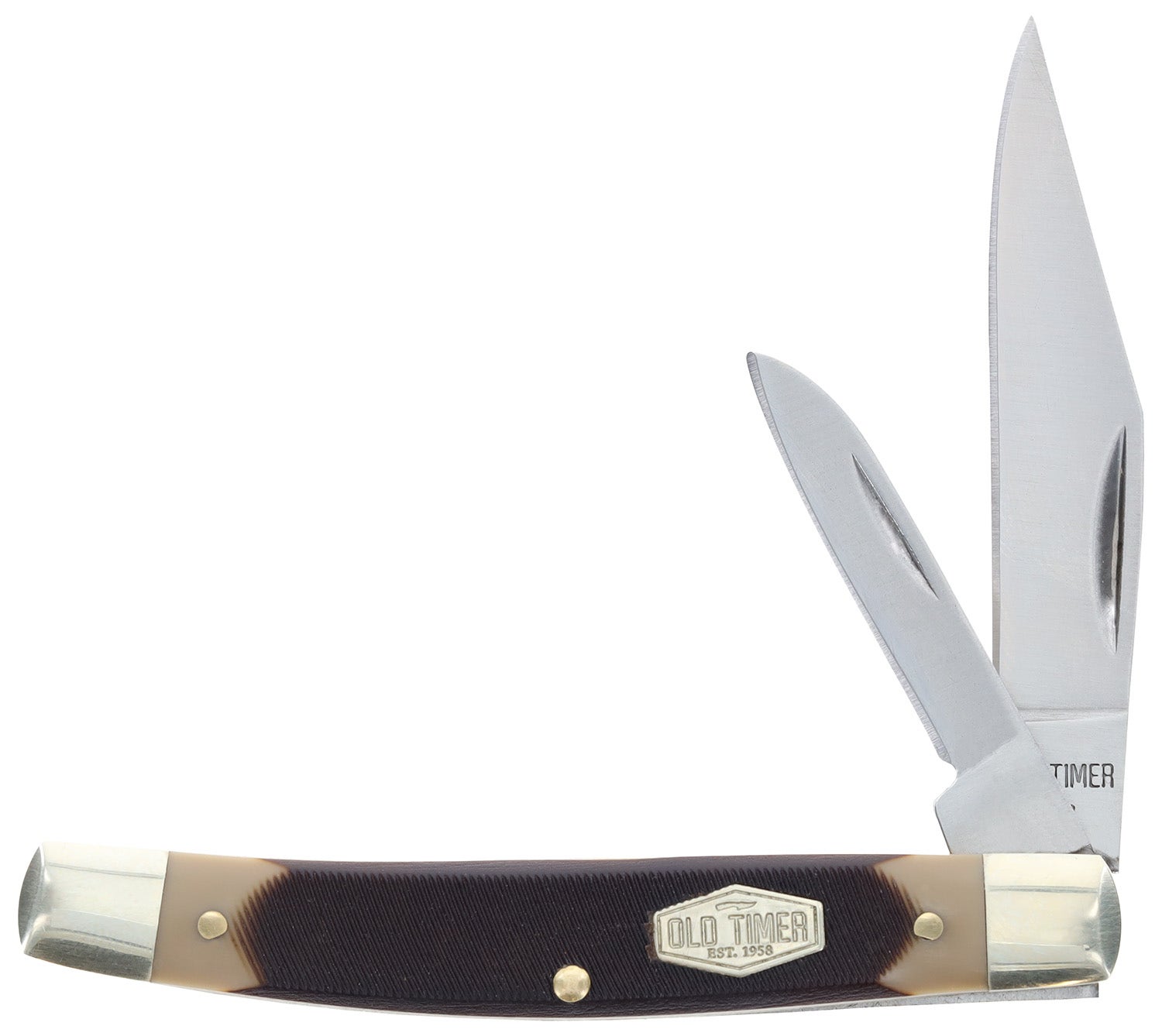 Old Timer Middleman Jack 2.50" 1.70" Folding Clip Sheepsfoot Plain Stainless Steel Blade Black Tan Sawcut Bone Handle
