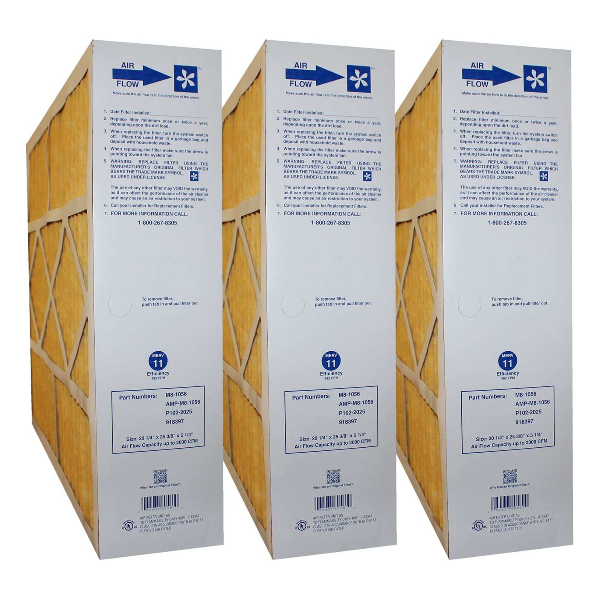 MJ Brunin M8-1056 Replacement MERV 11 Air Filter, 25.38x5.25x20.25" (3 Pack)