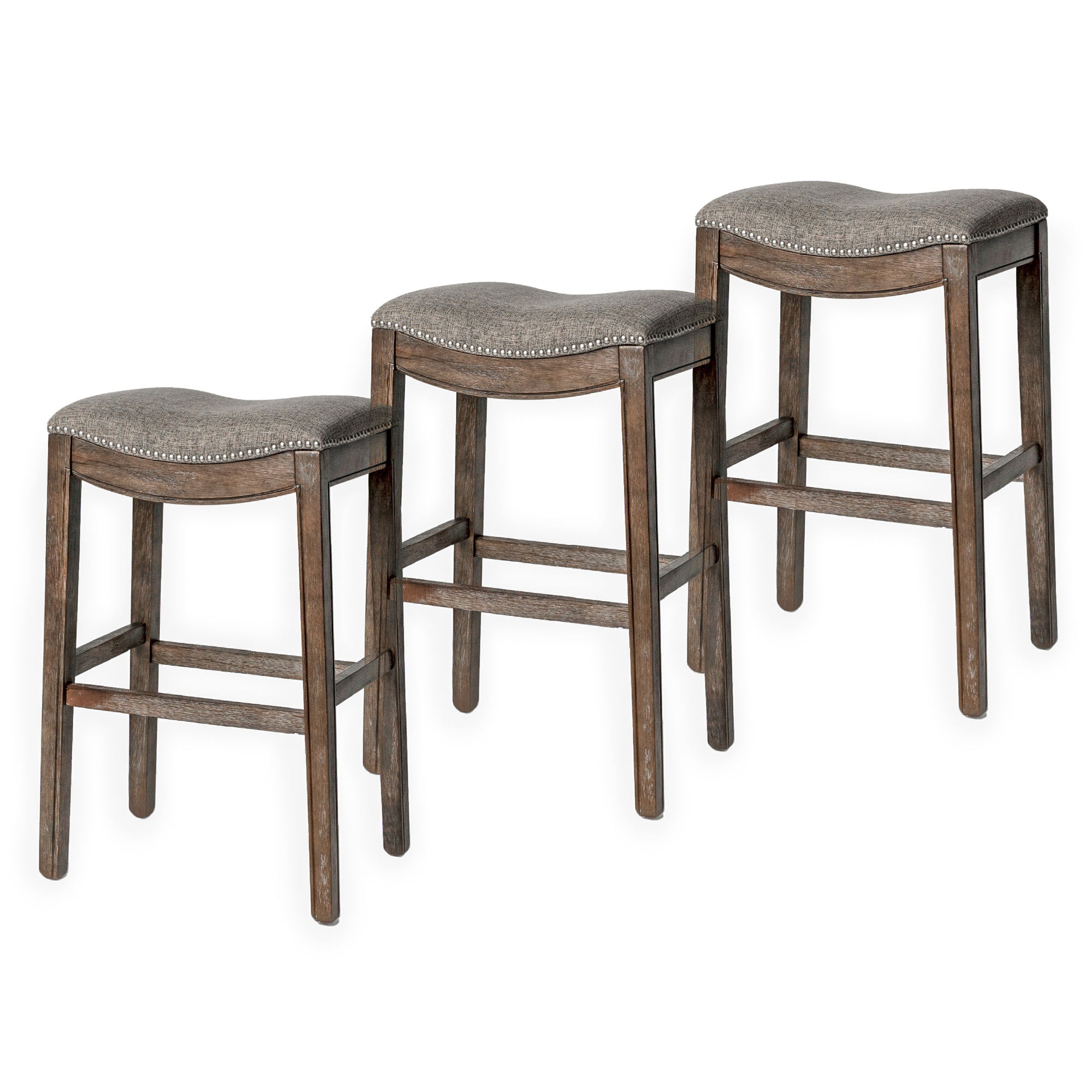 Maven Lane Adrien Backless Saddle Kitchen Bar Stool, Walnut Finish, Set of 3