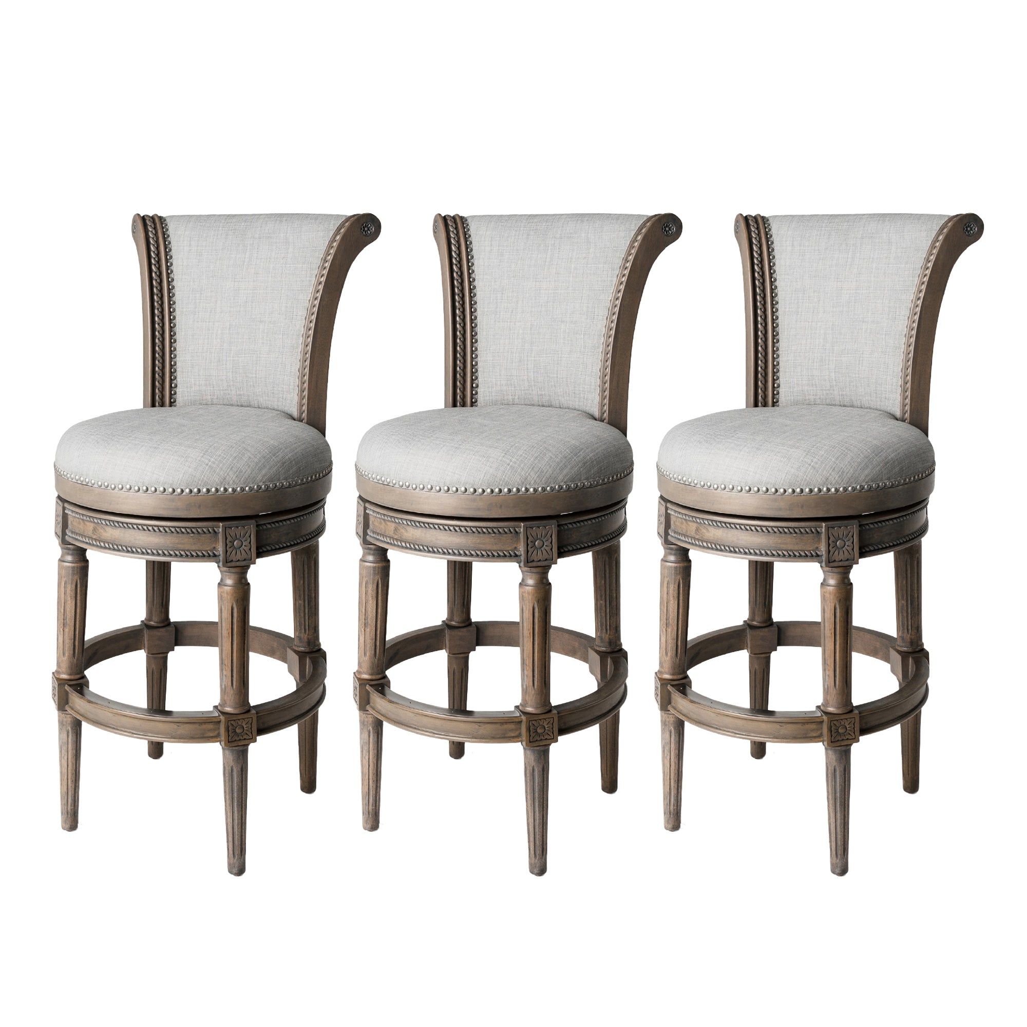 Maven Lane Pullman Bar Stool, Reclaimed Oak Finish w/ Ash Grey Fabric Upholstery, Set of 3