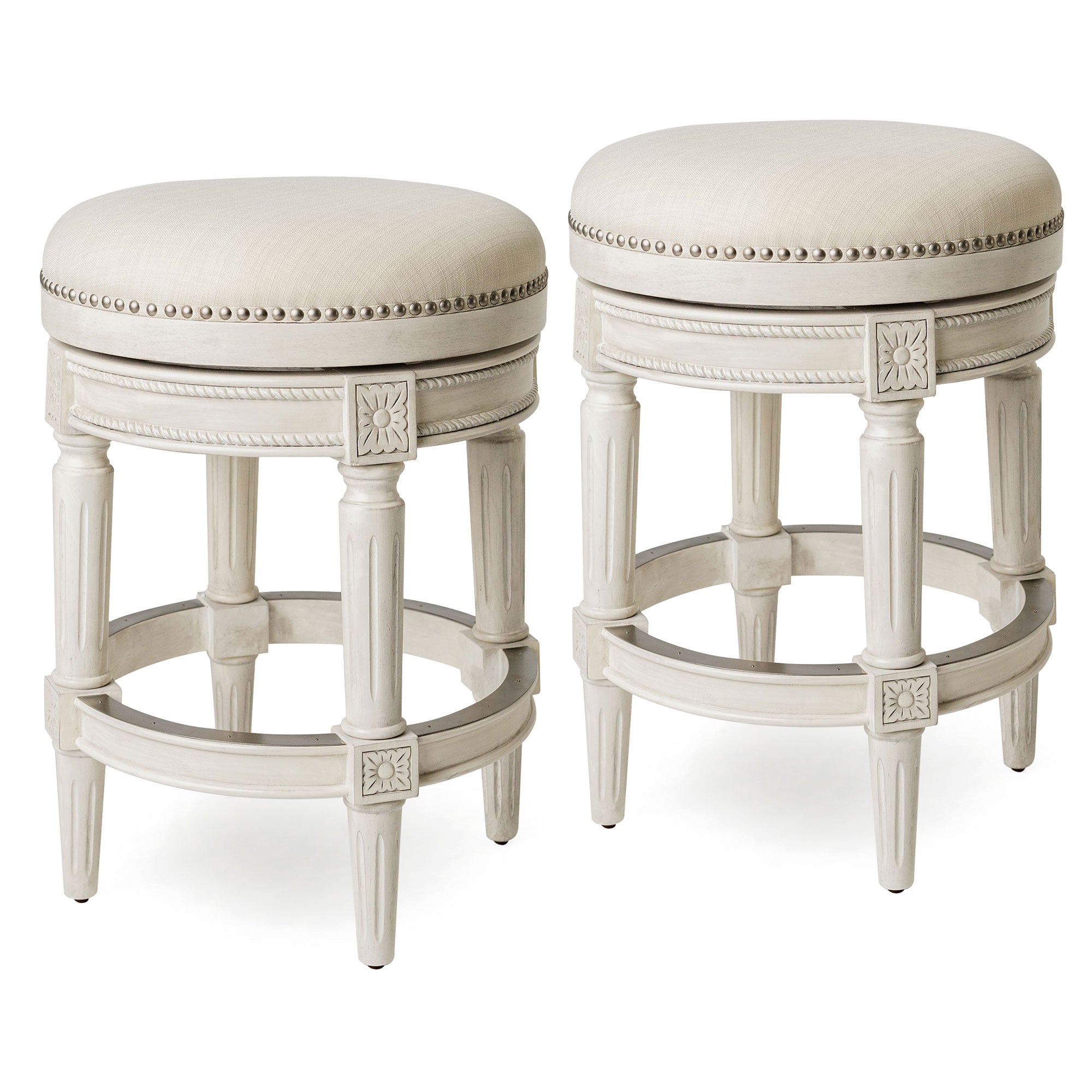 Maven Lane Pullman Backless Counter Stool in White Oak Finish w/ Natural Color Fabric Upholstery, Set of 2