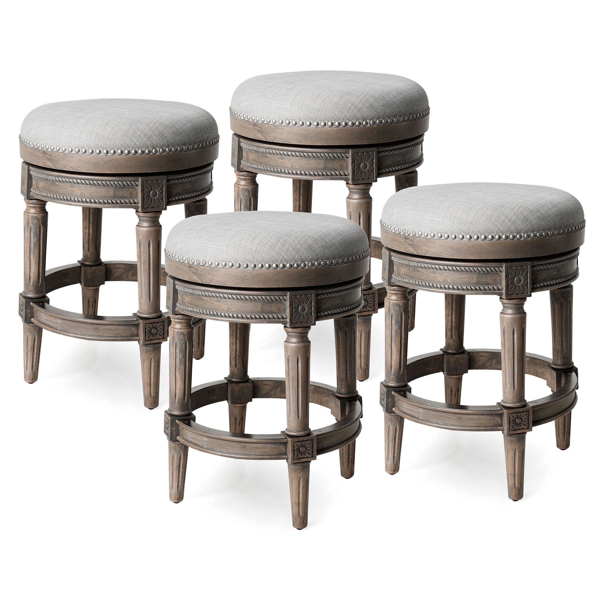 Maven Lane Pullman Backless Counter Stool in Reclaimed Oak Finish with Ash Grey Fabric Upholstery, Set of 4