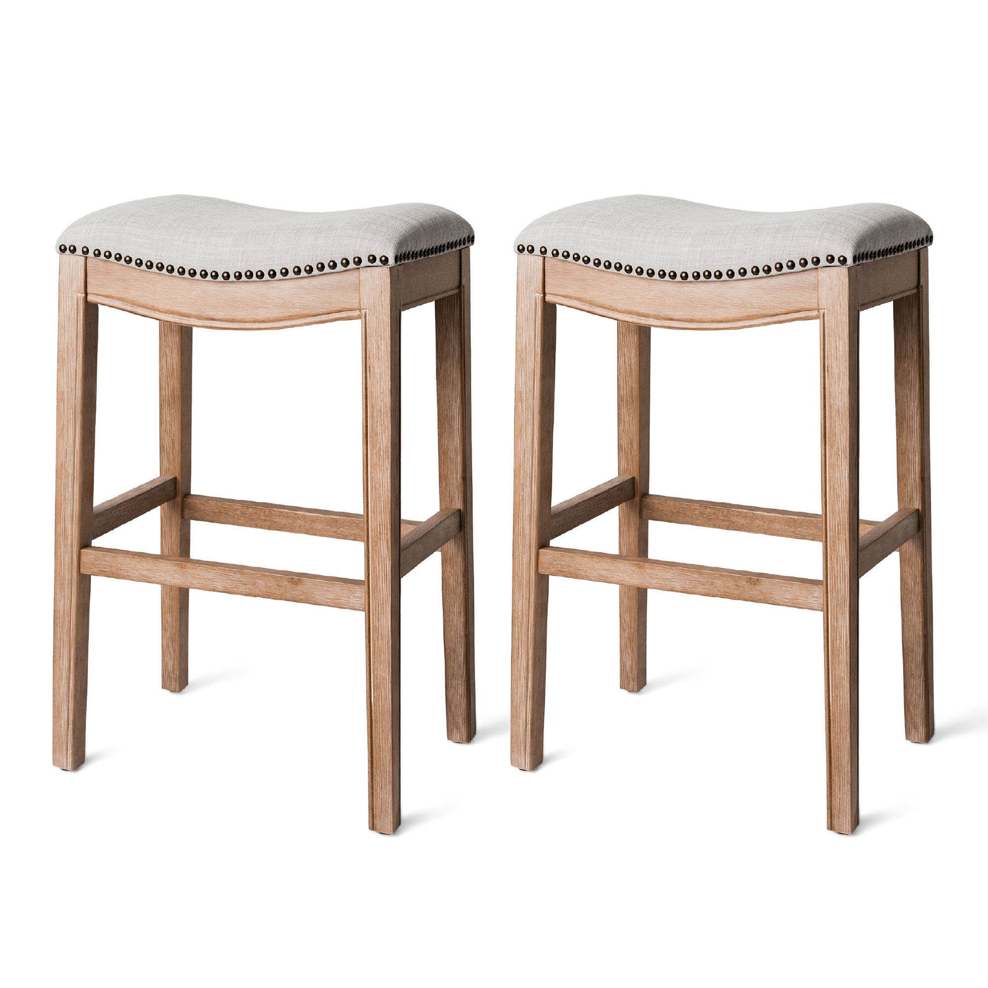 Maven Lane Adrien Saddle Bar Stool in Weathered Oak Finish w/ Sand Color Fabric Upholstery, Set of 2