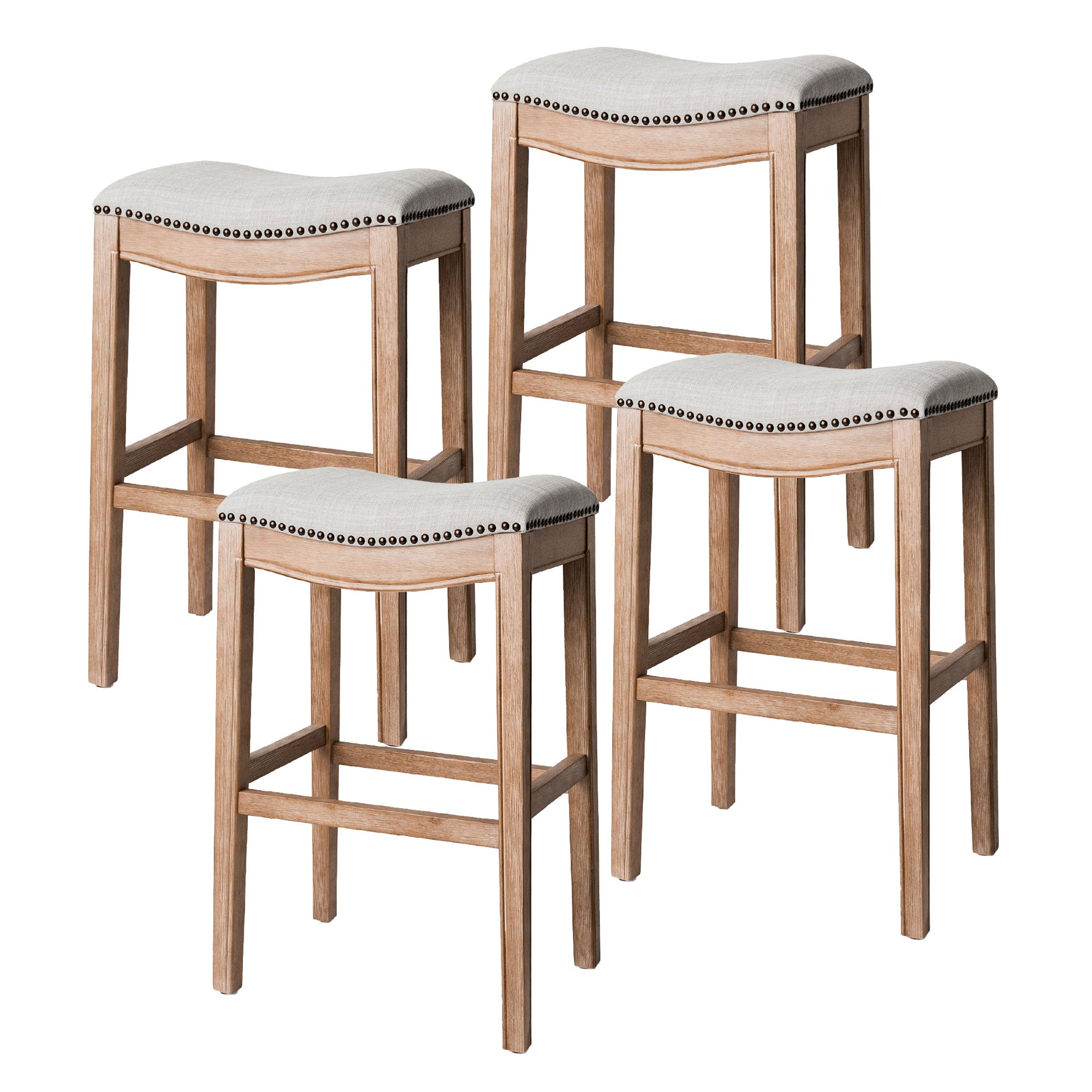 Maven Lane Adrien Saddle Bar Stool in Weathered Oak Finish w/ Sand Color Fabric Upholstery, Set of 4