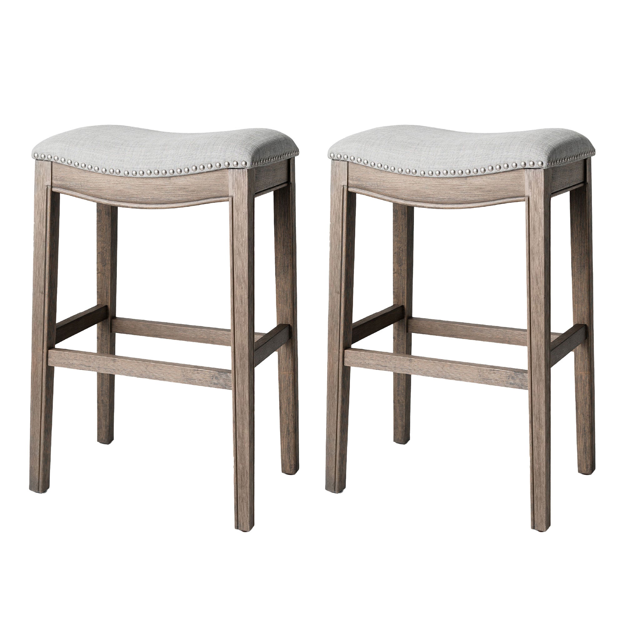 Maven Lane Adrien Saddle Bar Stool in Reclaimed Oak Finish with Ash Grey Fabric Upholstery, Set of 2