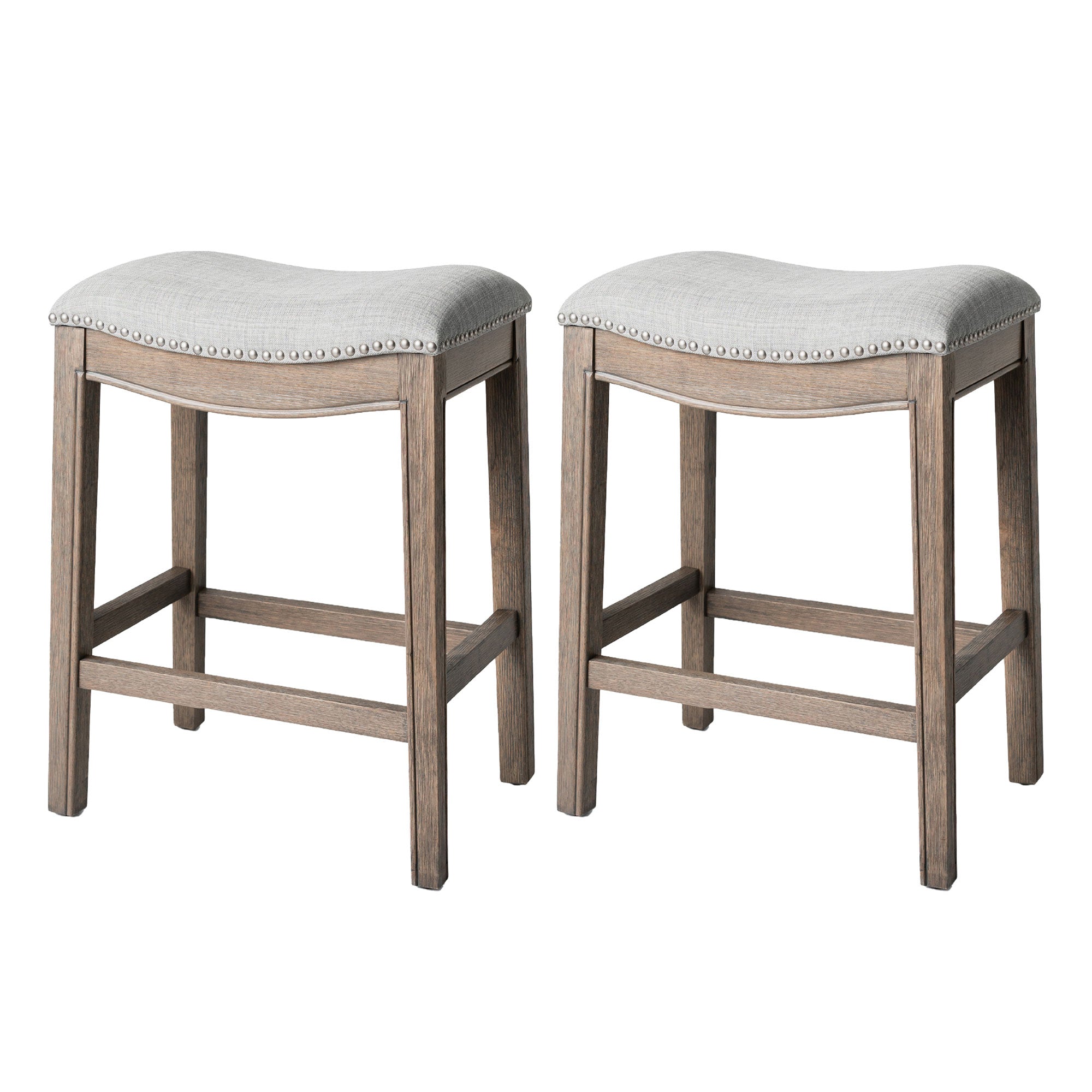 Maven Lane Adrien Saddle Counter Stool in Reclaimed Oak Finish with Ash Grey Fabric Upholstery, Set of 2