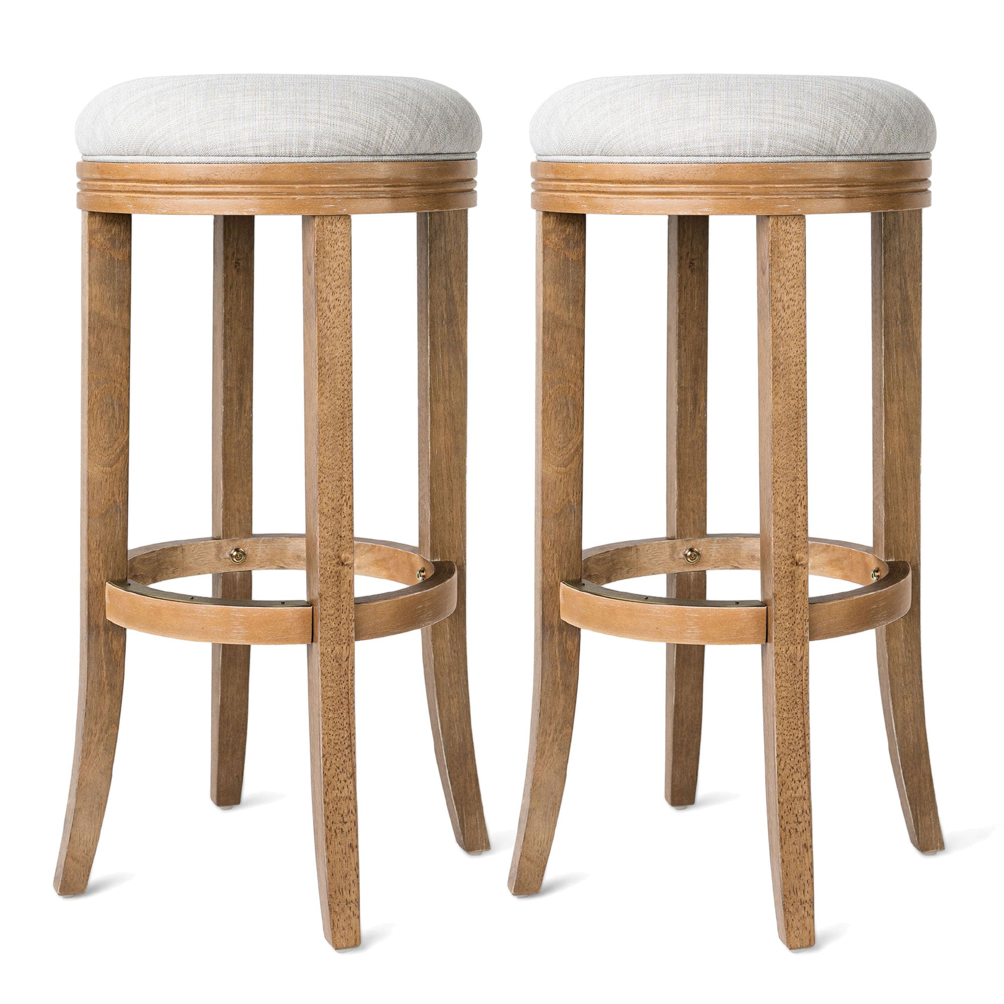 Maven Lane Eva Bar Stool in Weathered Oak with Sand Fabric Upholstery, Set of 2