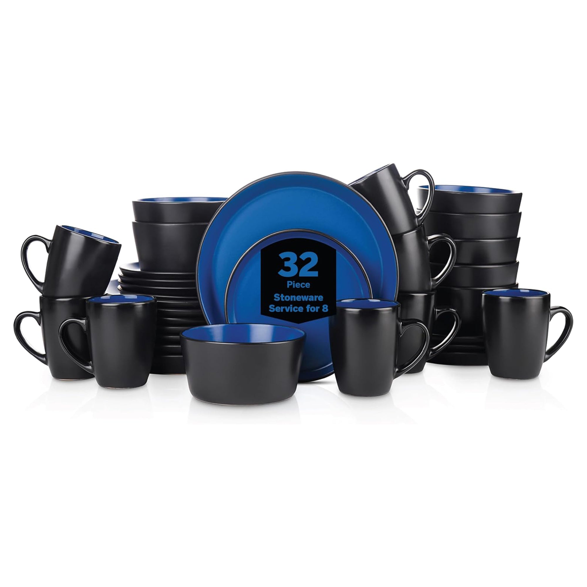 Stone Lain Albie Stoneware 32 Piece Dinnerware Set, Service for 8, Blue & Black