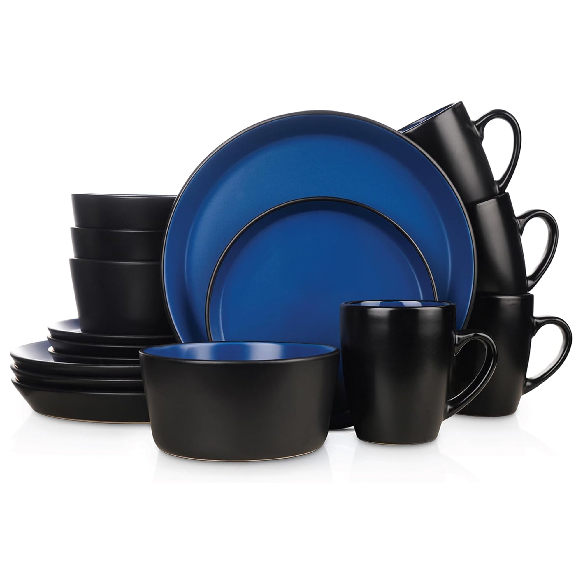 Stone Lain Albie Stoneware 16 Piece Dinnerware Set, Service for 4, Blue & Black