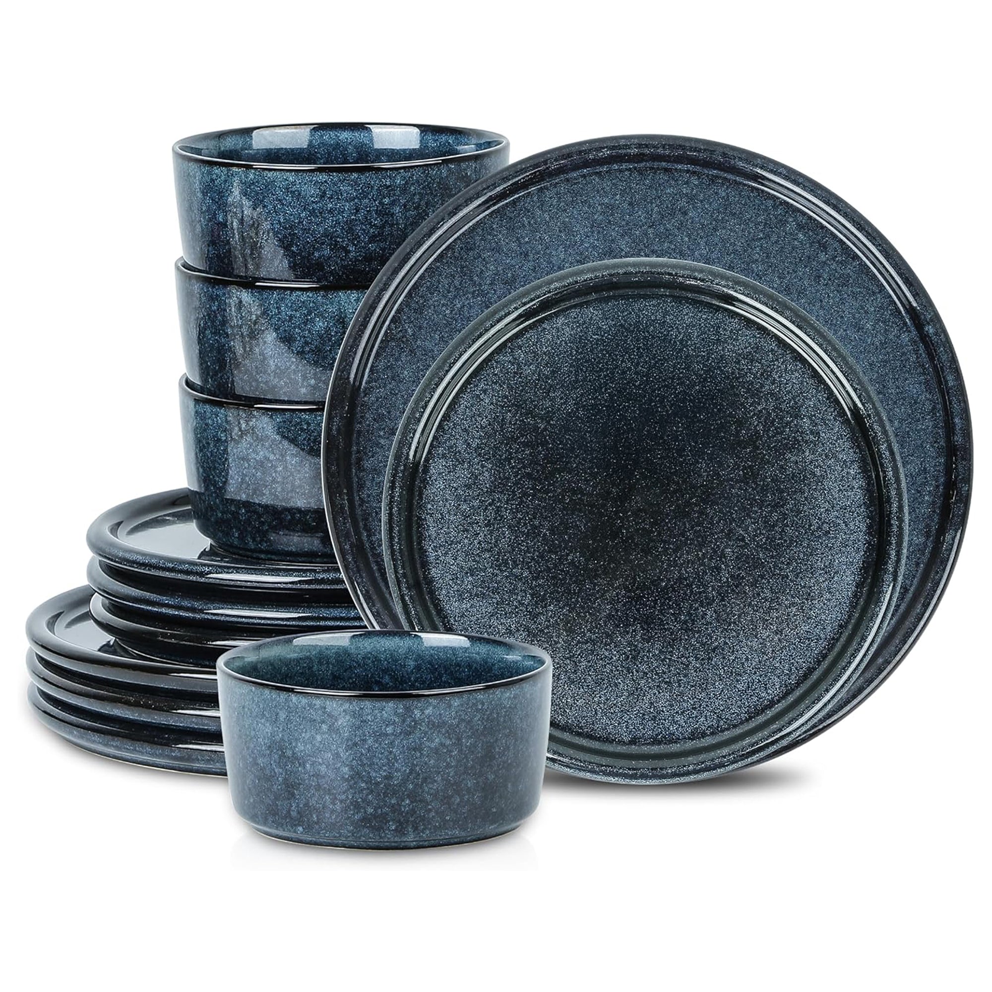 Stone Lain 12 Piece Modern Stoneware Dinnerware Set Plates, Bowls, Dark Blue