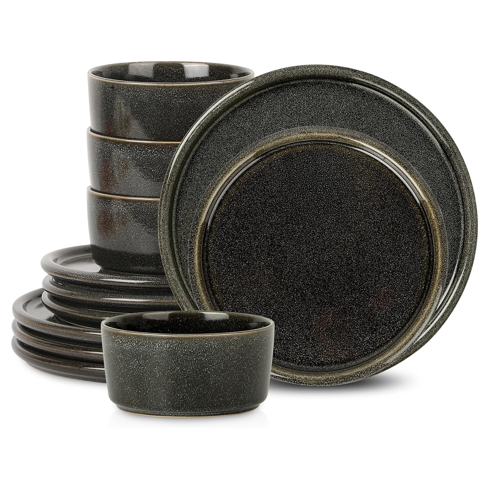 Stone Lain 12 Piece Modern Stoneware Dinnerware Set Plates, Bowls, Charcoal Grey