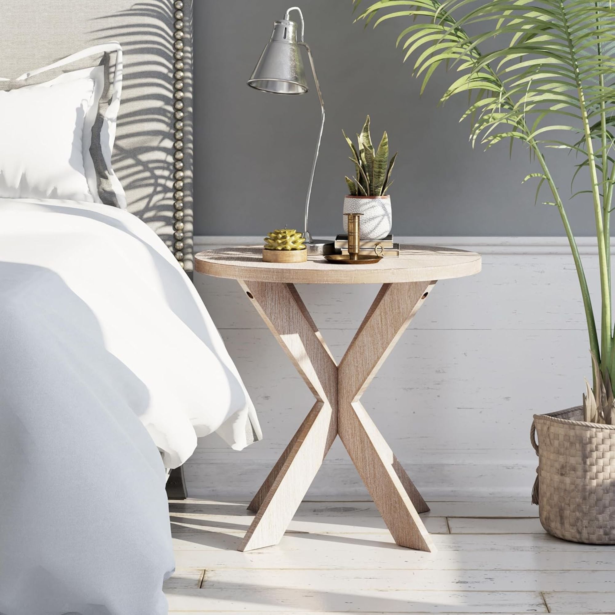 COZAYH Farmhouse Round Wooden End Table with Cross Legs, Vintage Grey Finish