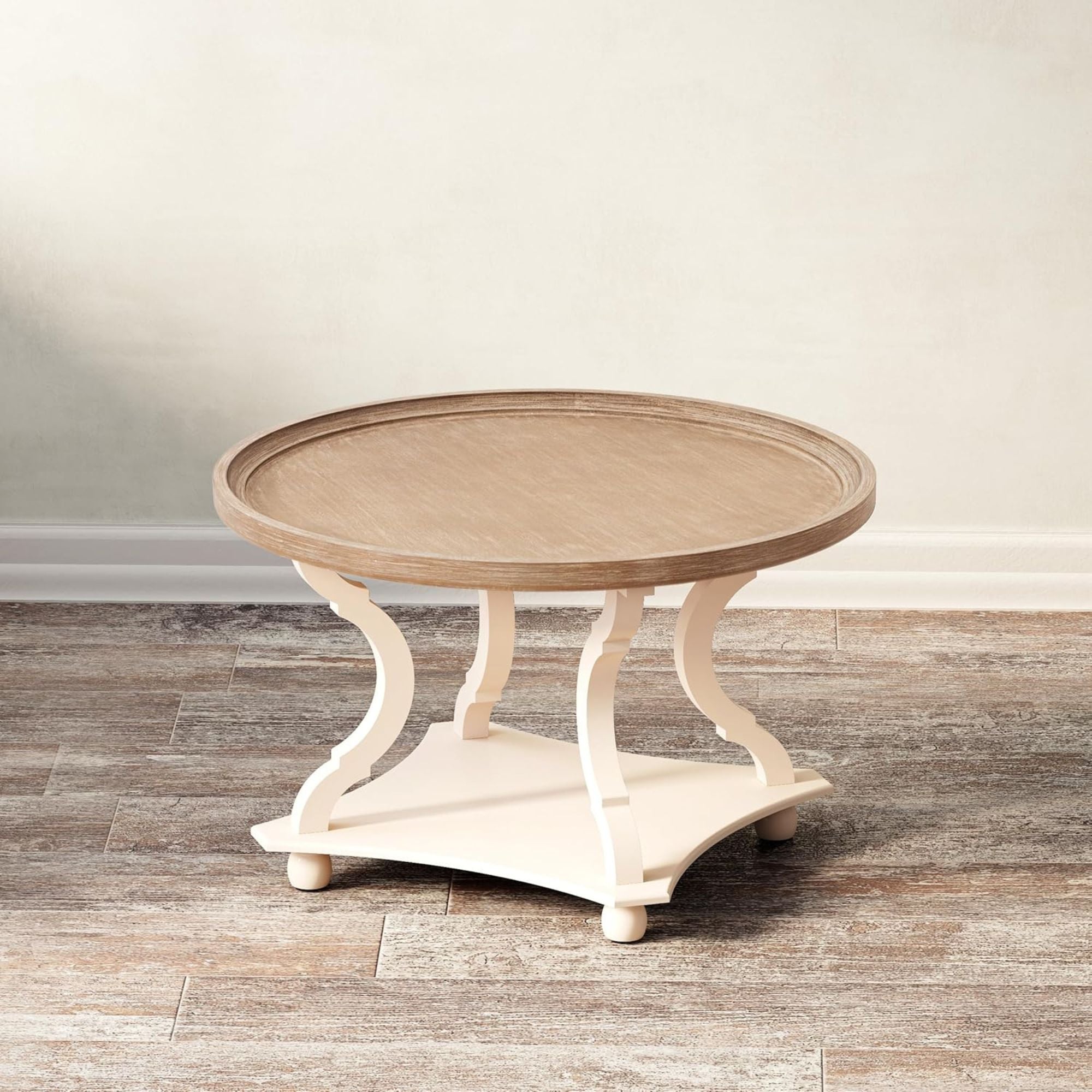 COZAYH Round Rustic Coffee Table Wood Tray Top Accent Centerpiece Storage, White