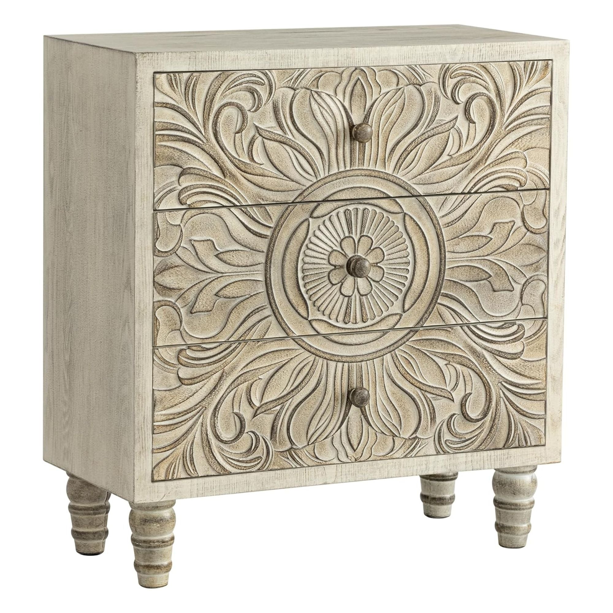 COZAYH Farmhouse 3 Drawer Home Bedroom Dresser with Embossed Flower Motif Front