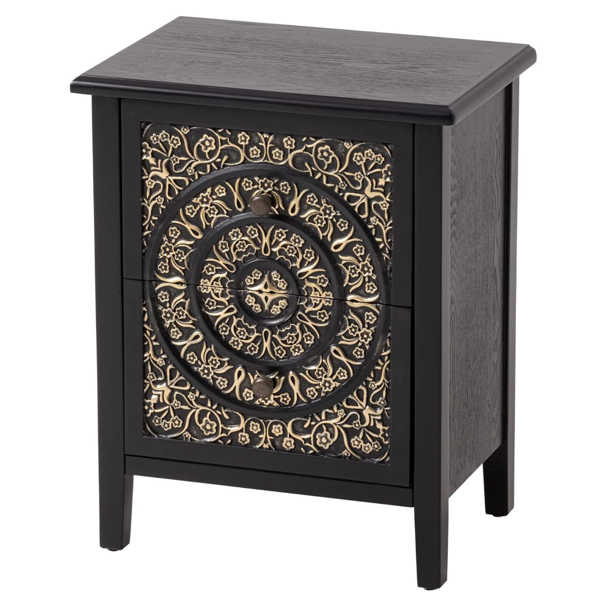 COZAYH Farmhouse 2 Drawer Home Bedroom Nightstand w/Embossed Flower Motif, Black