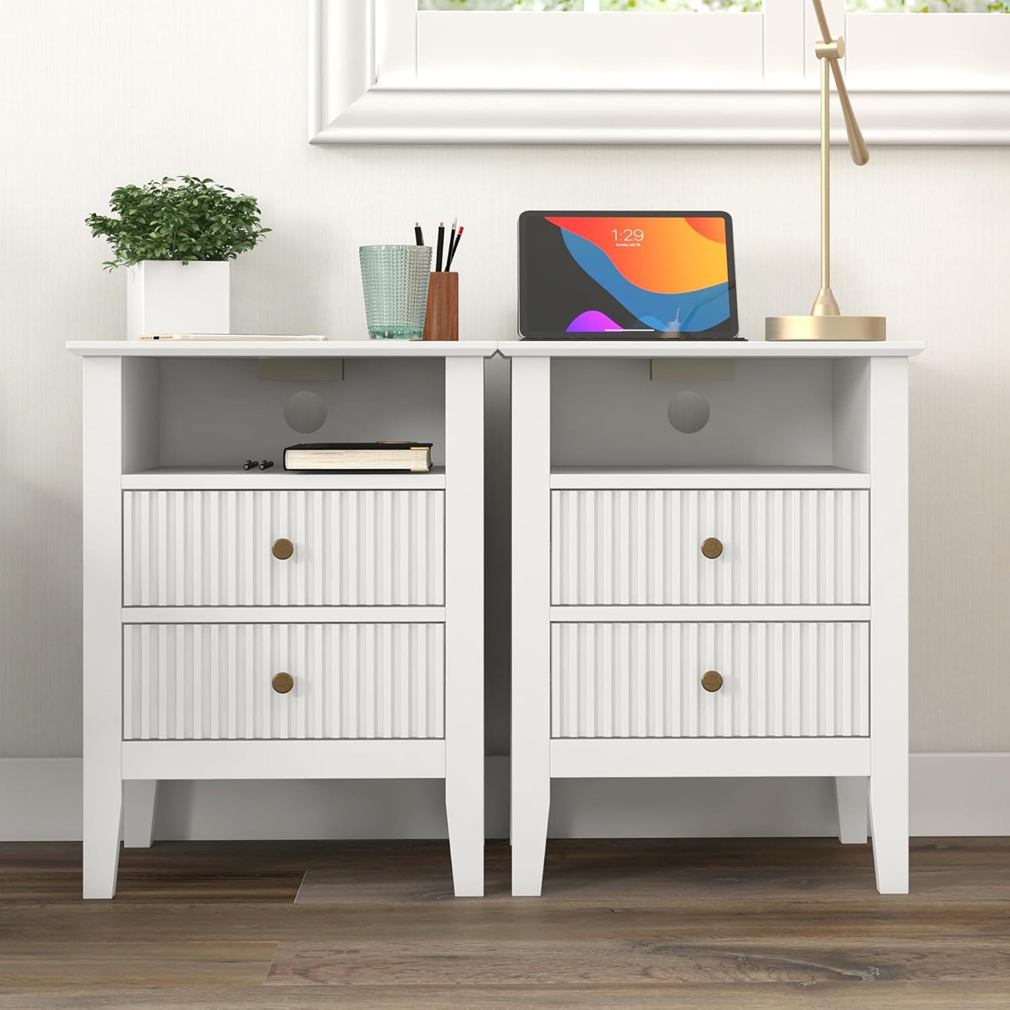 RoyalCraft Fluted 2 Drawer Nightstand with Charging Station, Set of 2, White