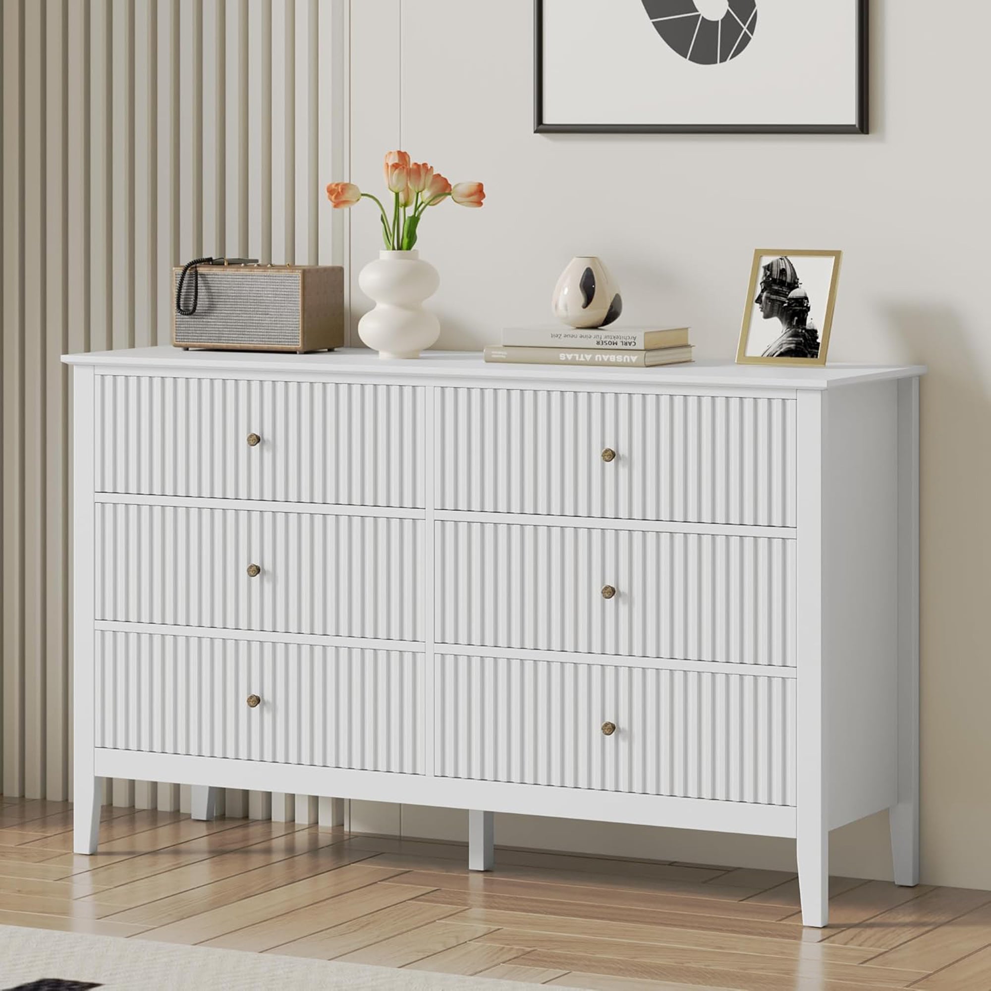 RoyalCraft Fluted Dresser 6 Drawer Bedroom Storage Cabinet and Nightstand, White