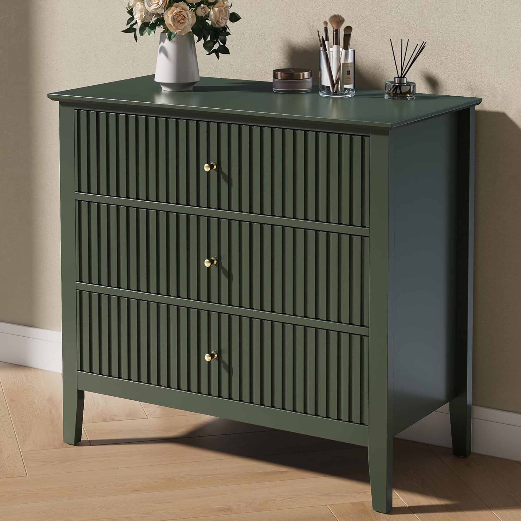 RoyalCraft Fluted Dresser 3 Drawer Bedroom Storage Cabinet and Nightstand, Green