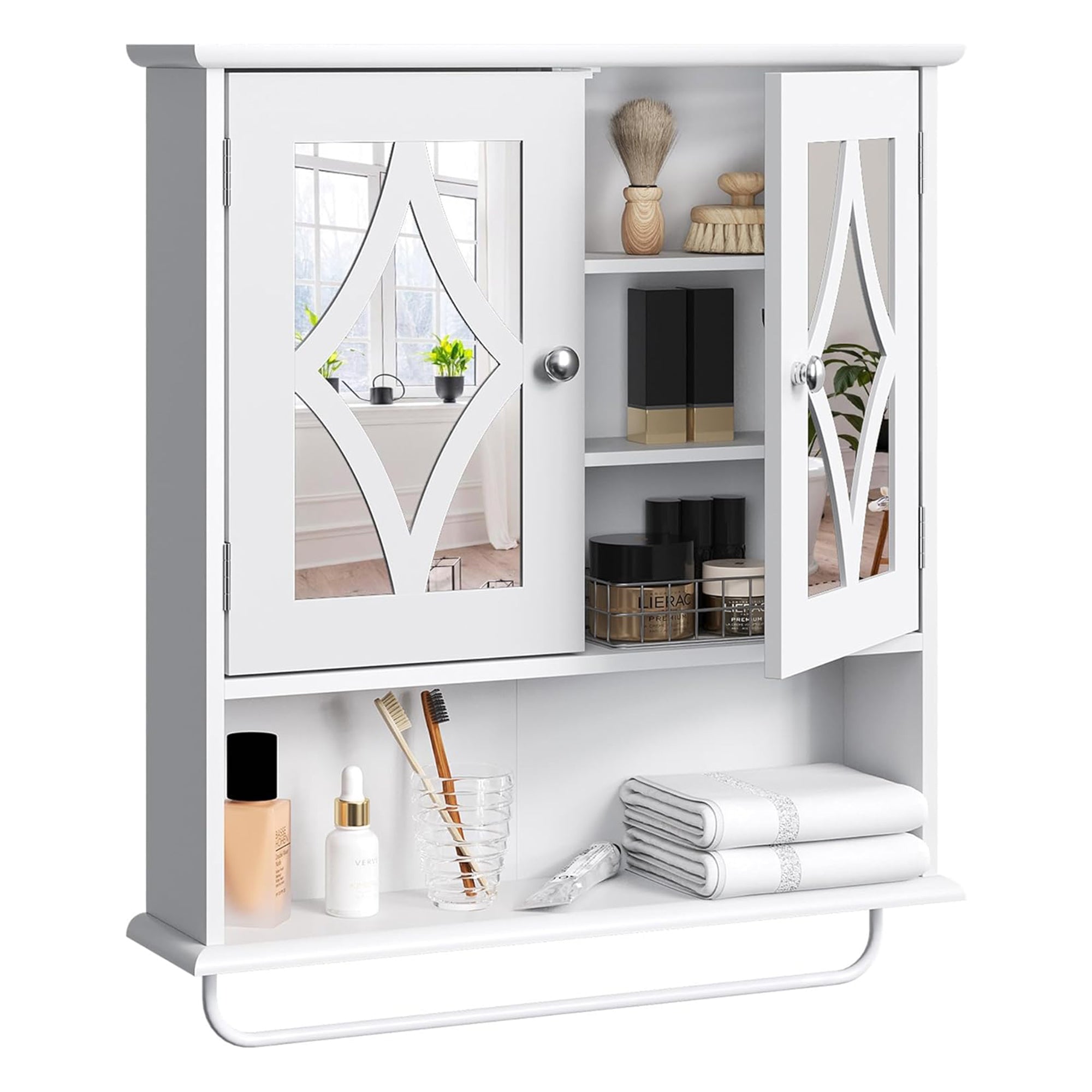 RoyalCraft Bathroom Wall Wood Medicine Cabinet with Mirror and Towel Bar, White
