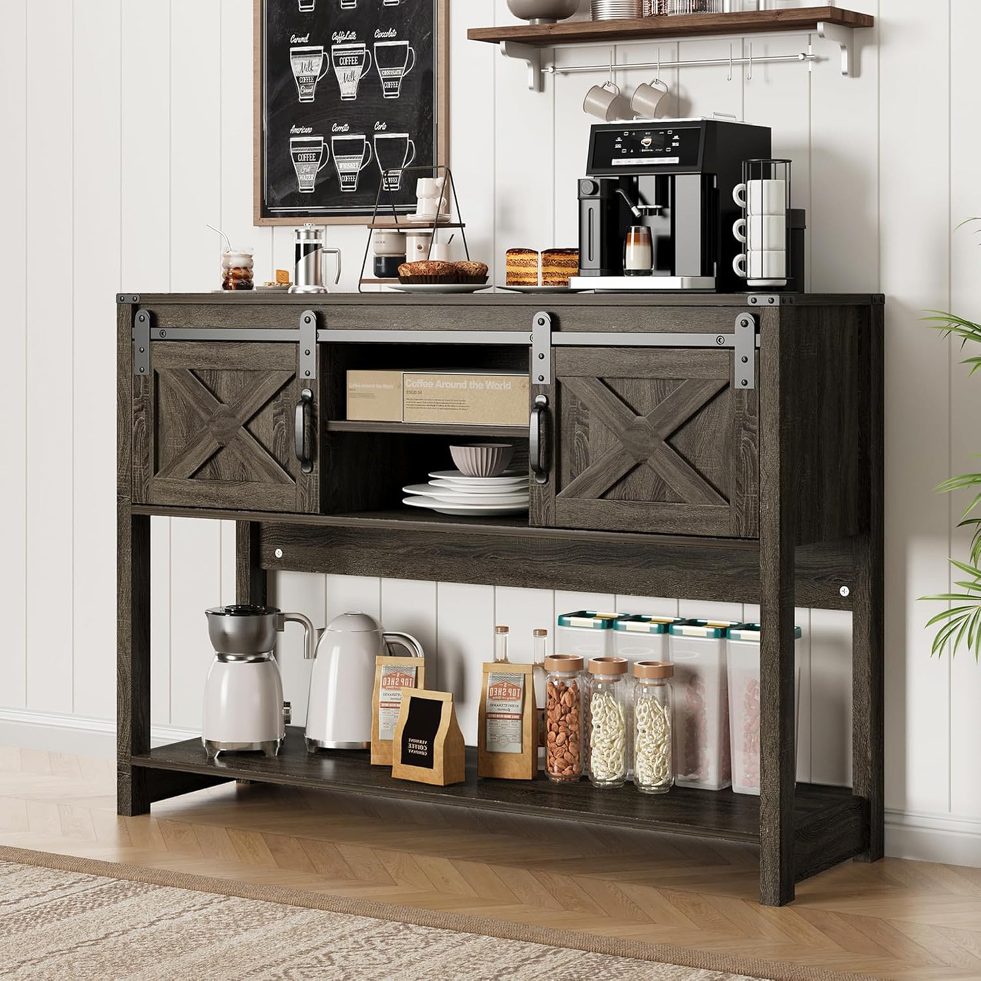 RoyalCraft Farmhouse Entryway Console Table with Storage Shelves, Dark Grey