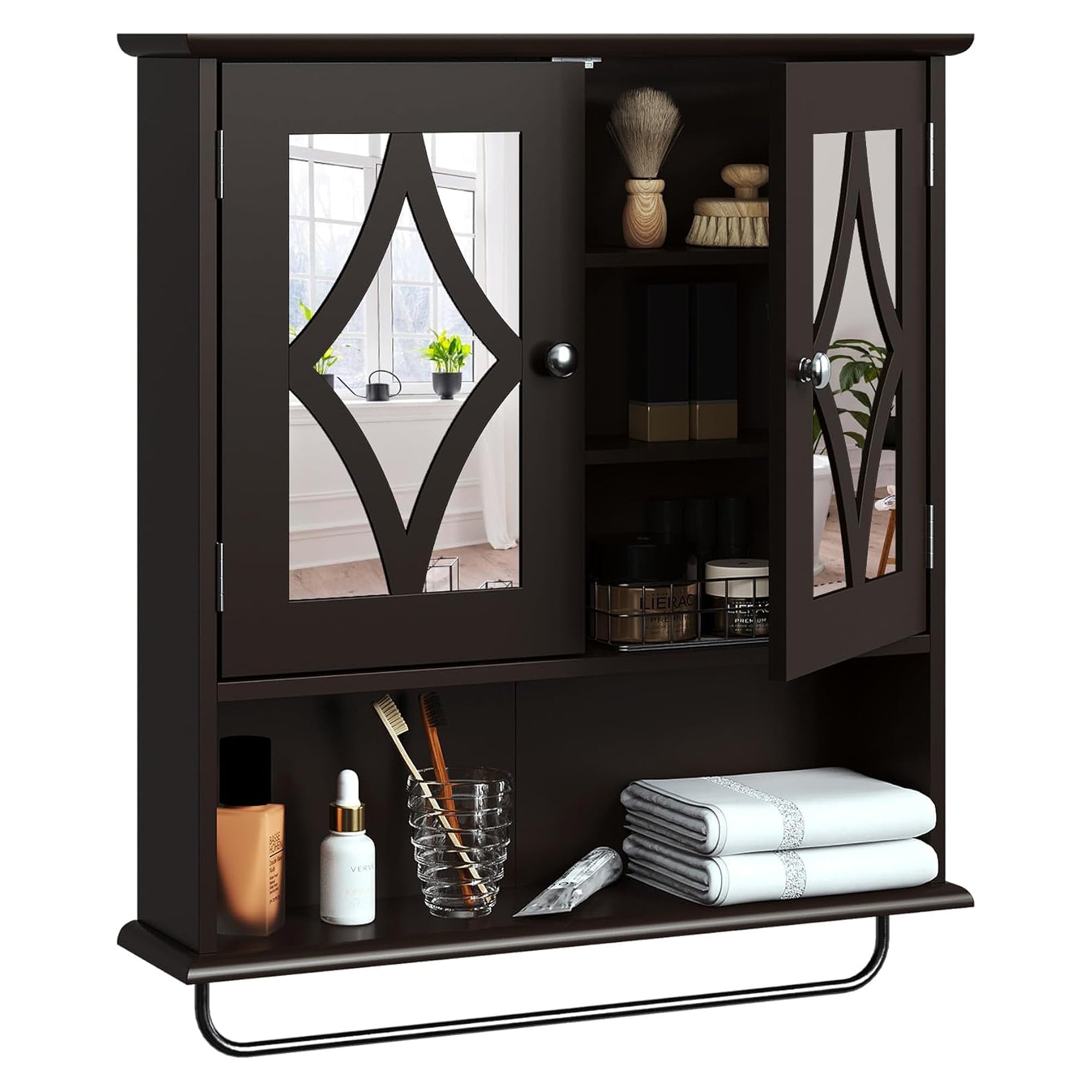 RoyalCraft Bathroom Wall Wood Medicine Cabinet with Mirror and Towel Bar, Brown