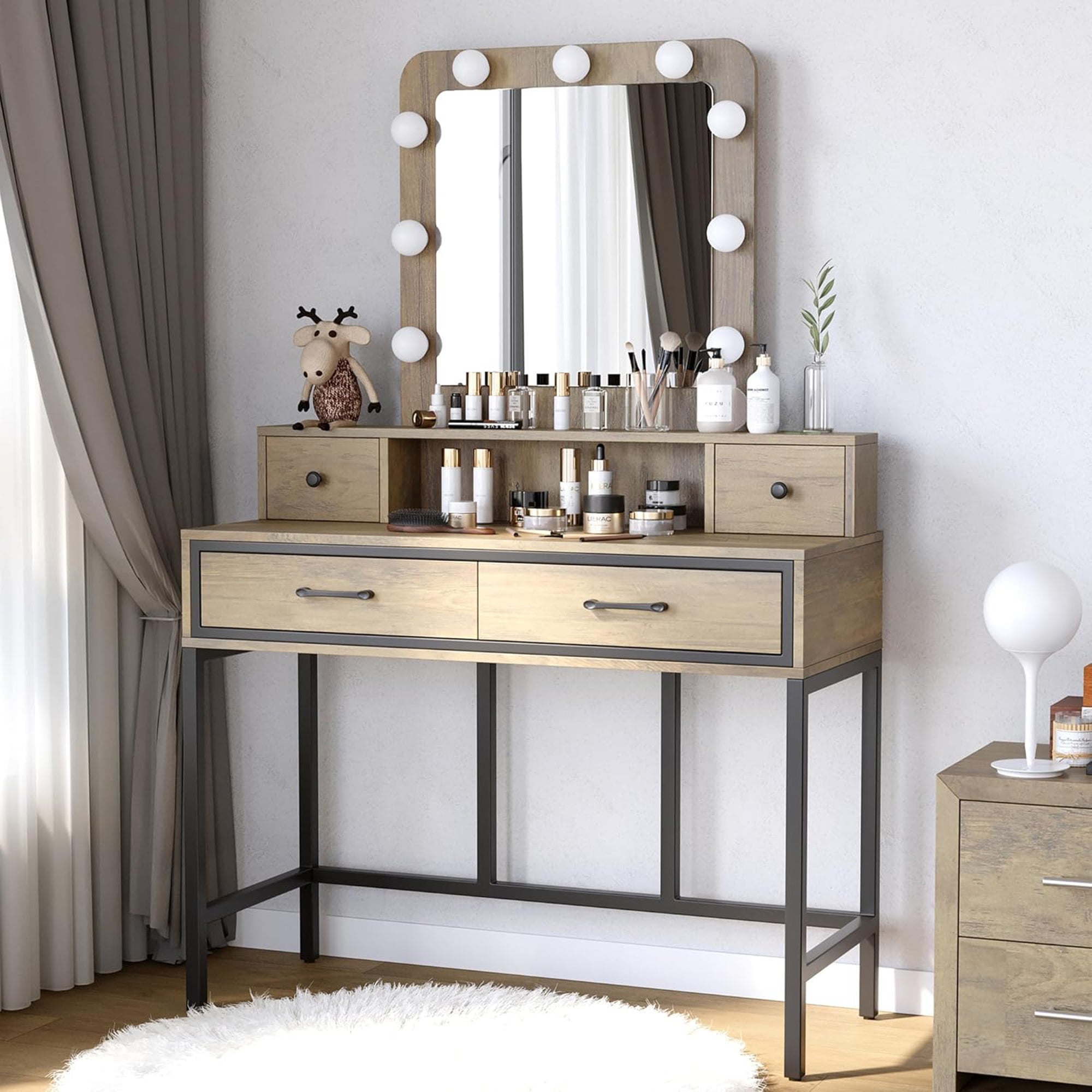 RoyalCraft Vanity Desk for Makeup with Mirror, Dimmable Lights & Drawers, Brown