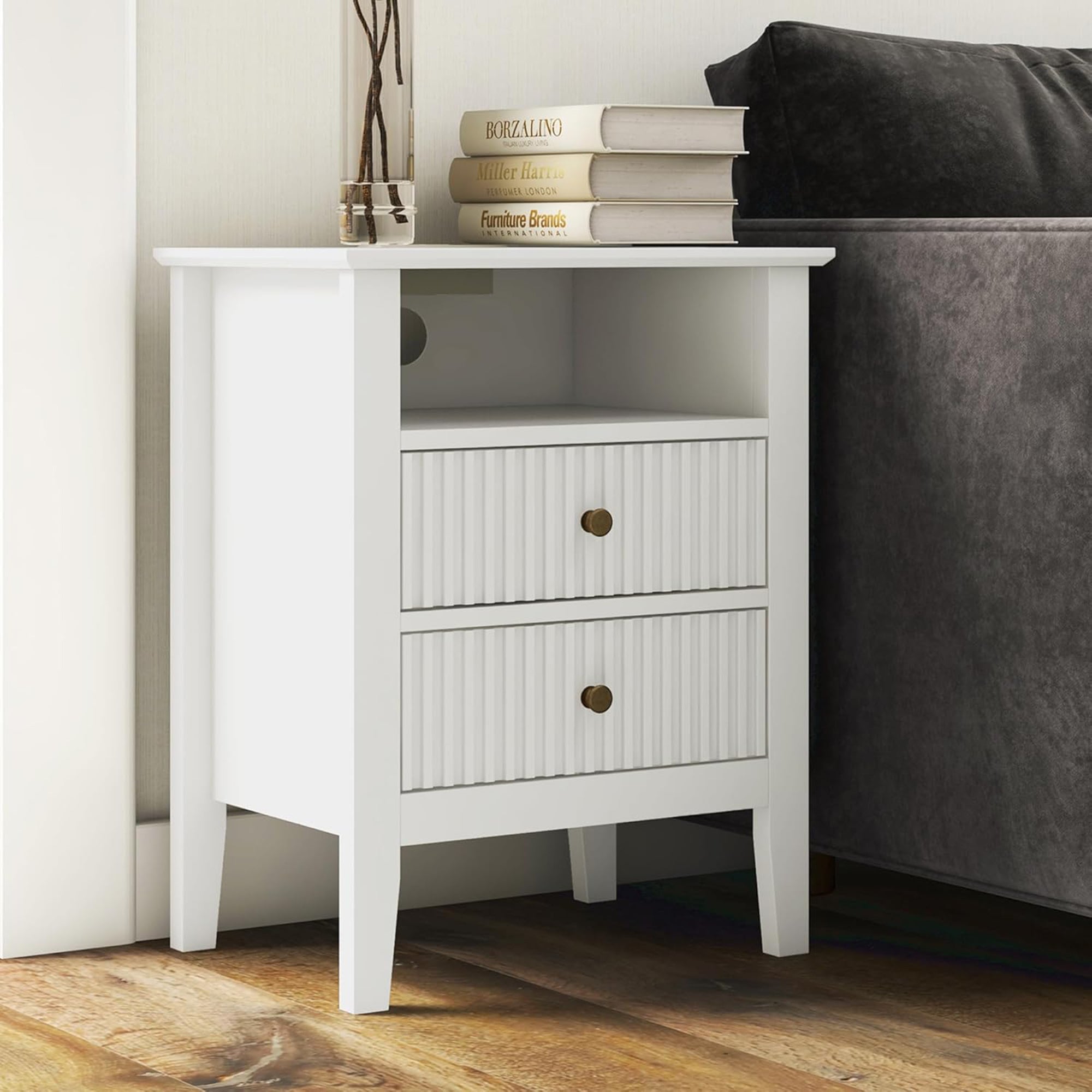 RoyalCraft Fluted 2 Drawer Nightstand, Bedroom Table w/ Charging Station, White