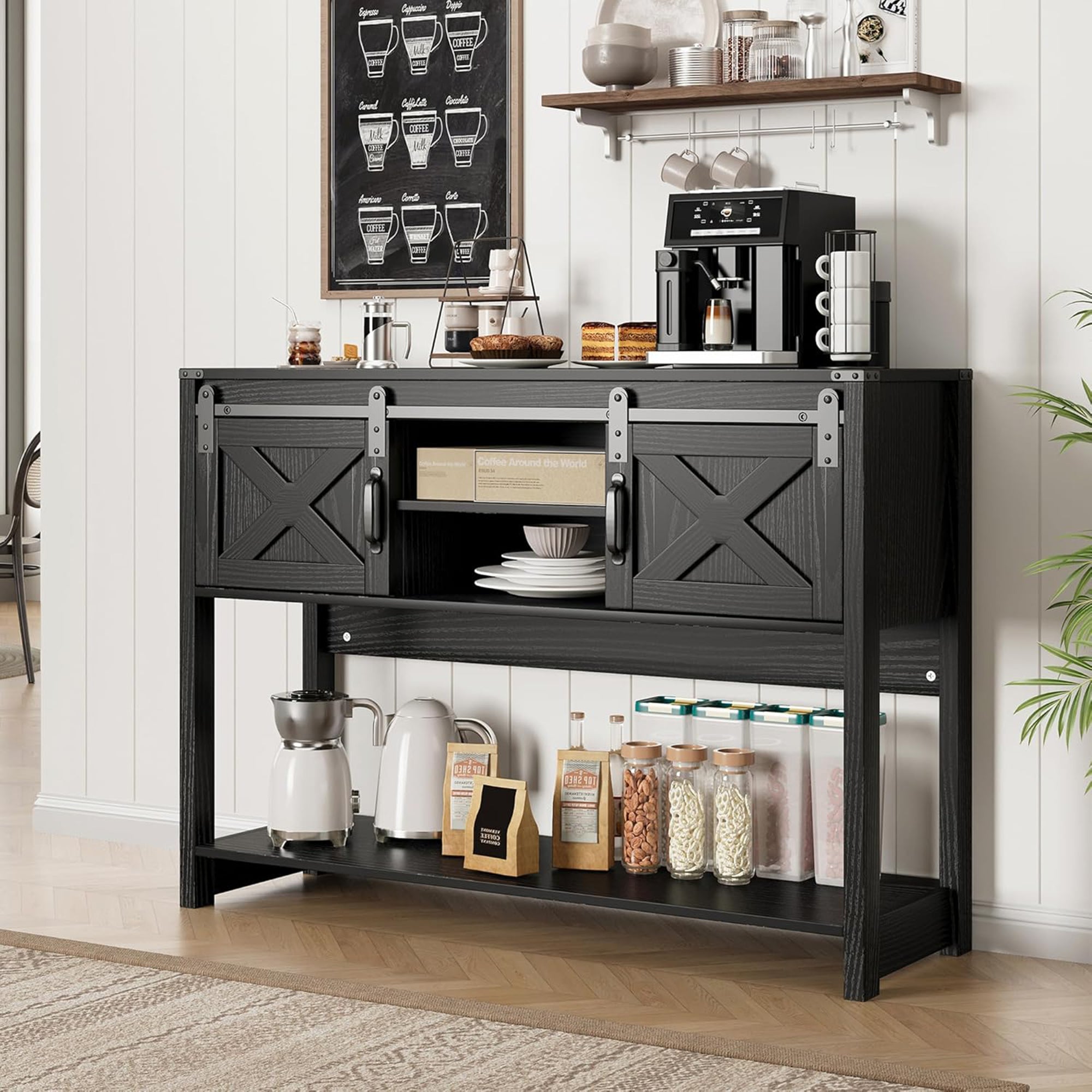 RoyalCraft Farmhouse Entryway Console Wooden Table with Storage Shelves, Black