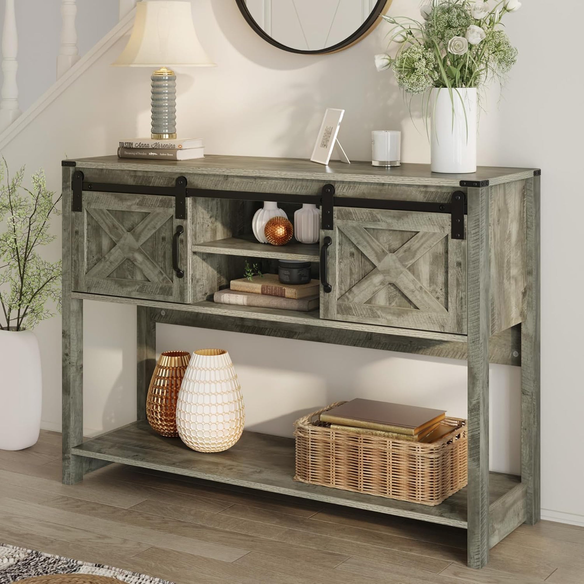 RoyalCraft Farmhouse Entryway Console Table with Storage Shelves, Light Grey