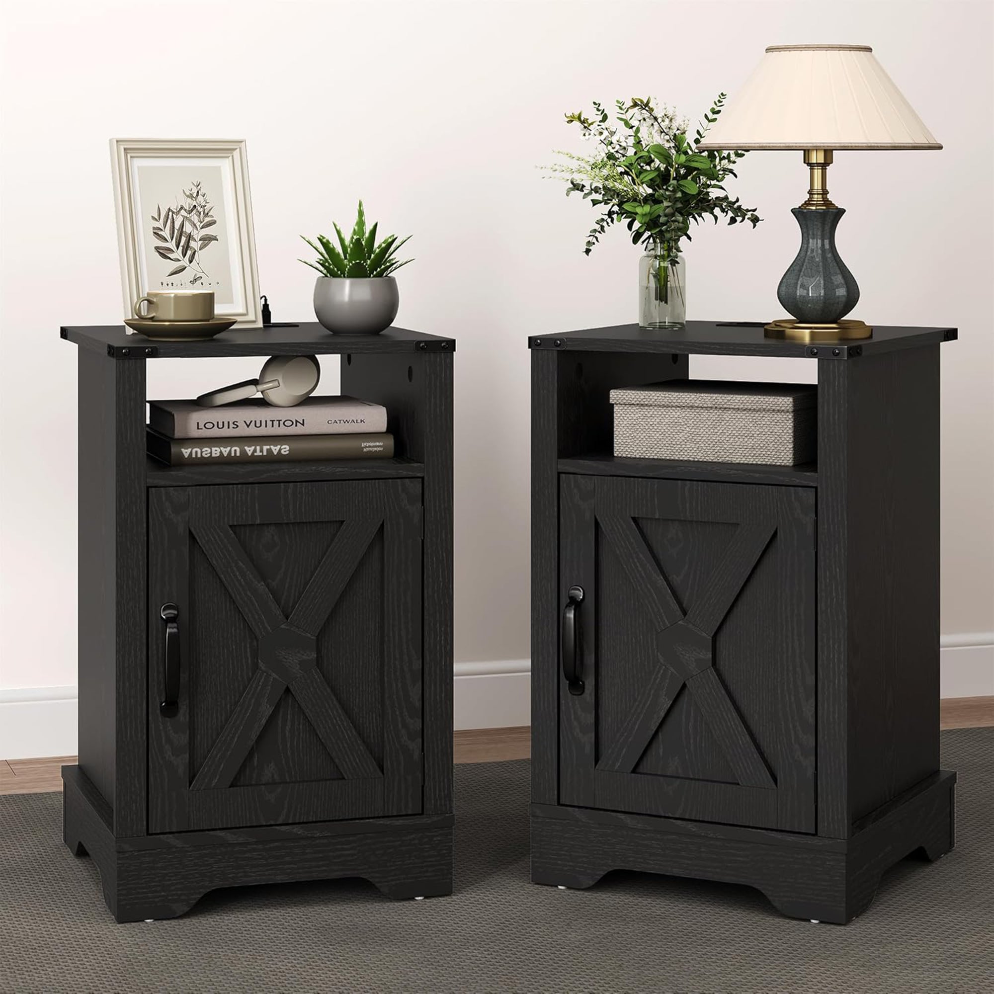 RoyalCraft Farmhouse Bedroom Nightstand with Charging Station, Set of 2, Black
