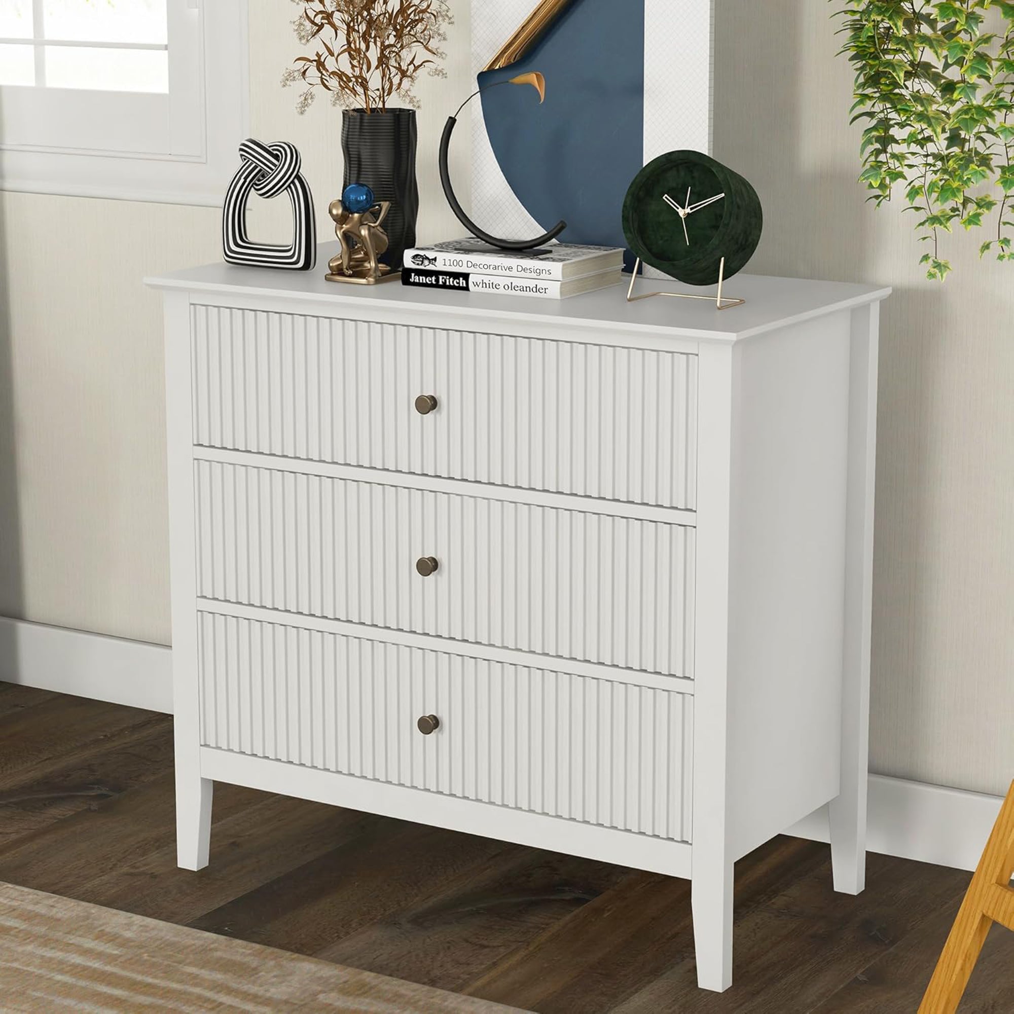 RoyalCraft Fluted Dresser 3 Drawer Bedroom Storage Cabinet and Nightstand, White