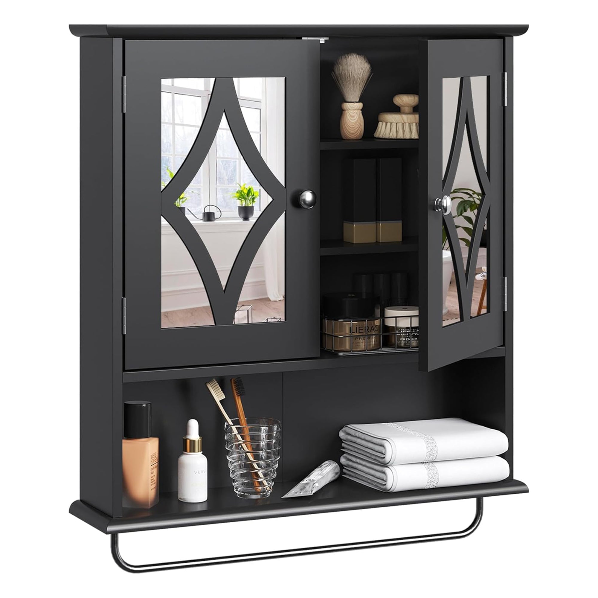 RoyalCraft Bathroom Wall Wood Medicine Cabinet with Mirror and Towel Bar, Black