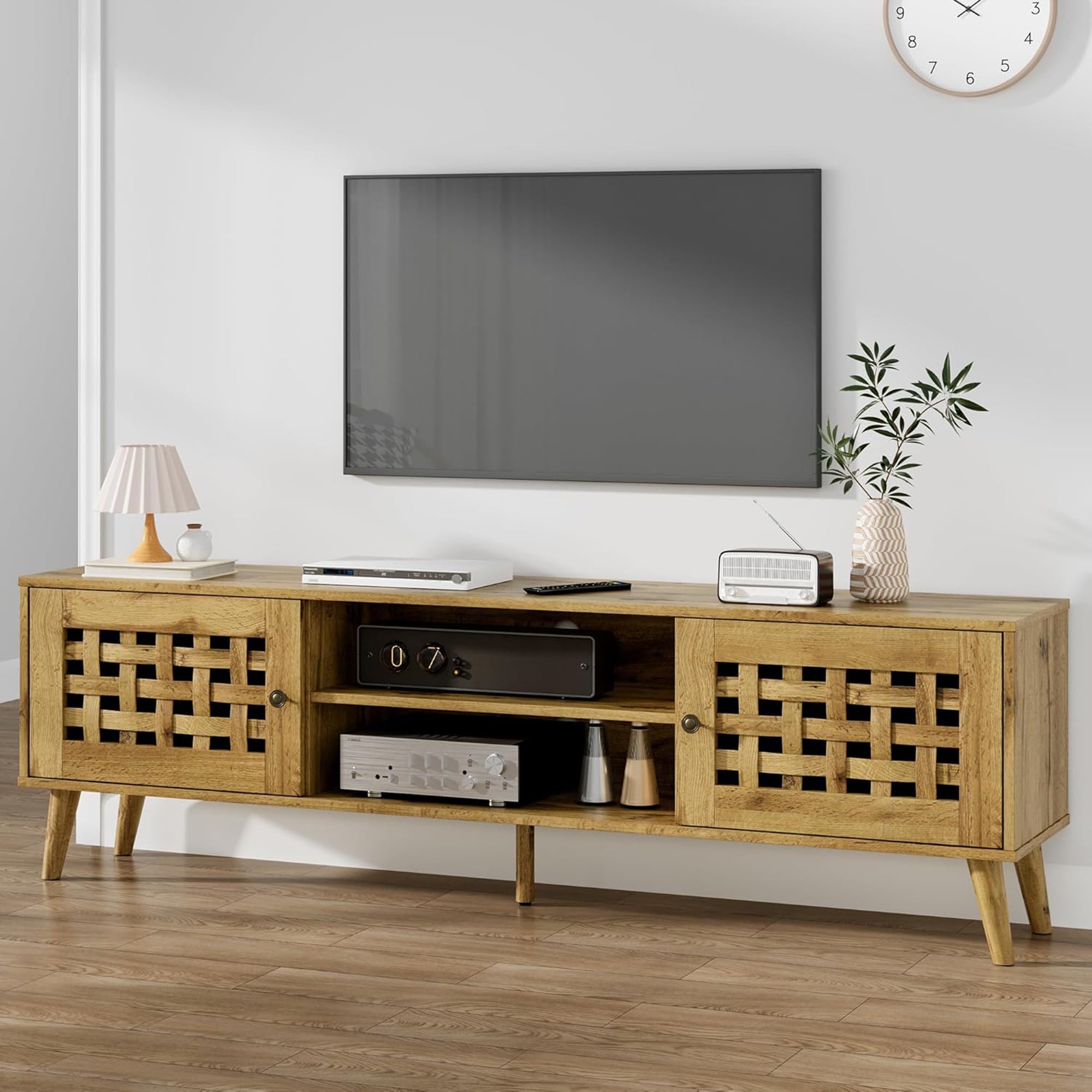 RoyalCraft Rattan TV Stand Entertainment Center with Storage for 65 Inch TVs
