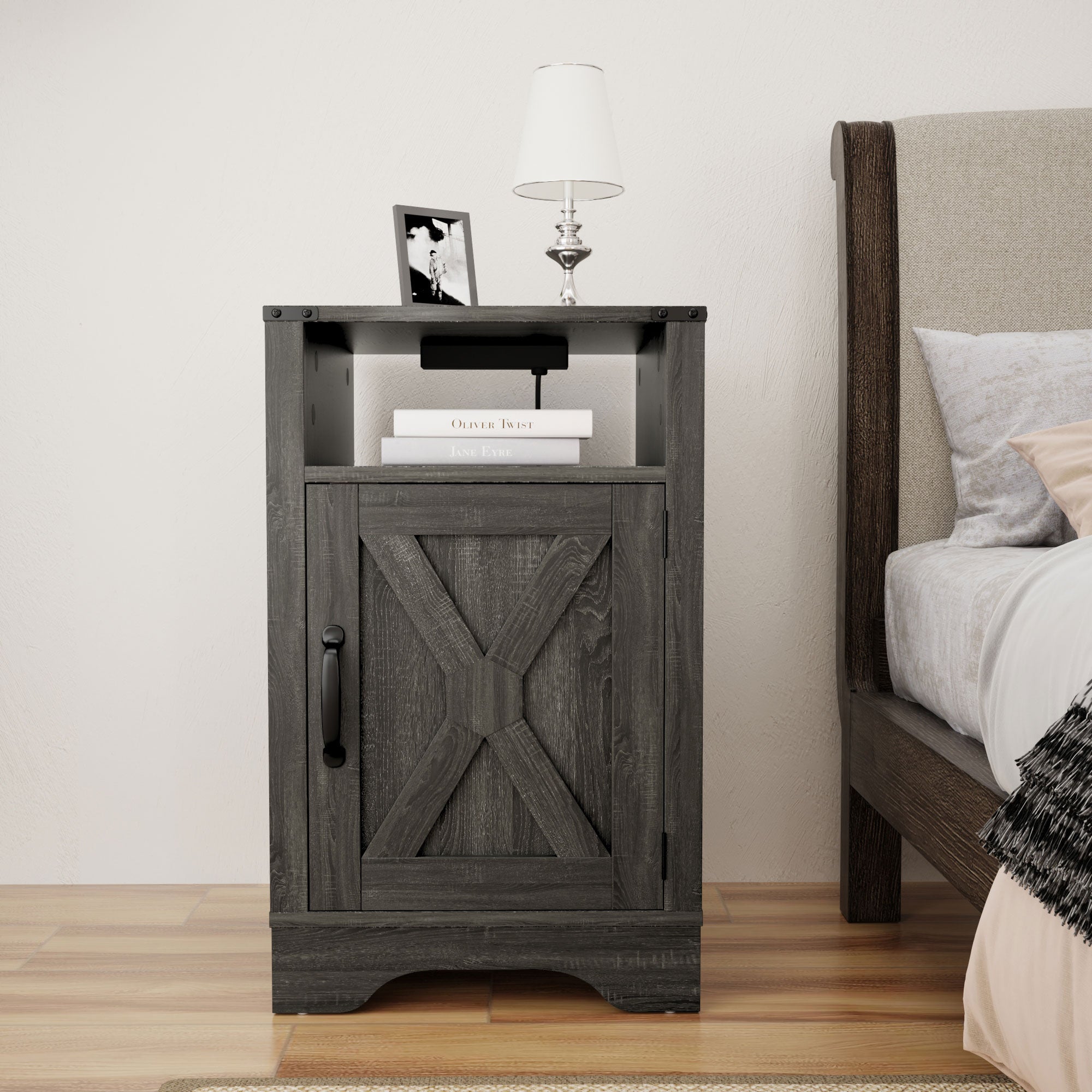 RoyalCraft Farmhouse Nightstand, Bedroom Table with Charging Station, Dark Grey
