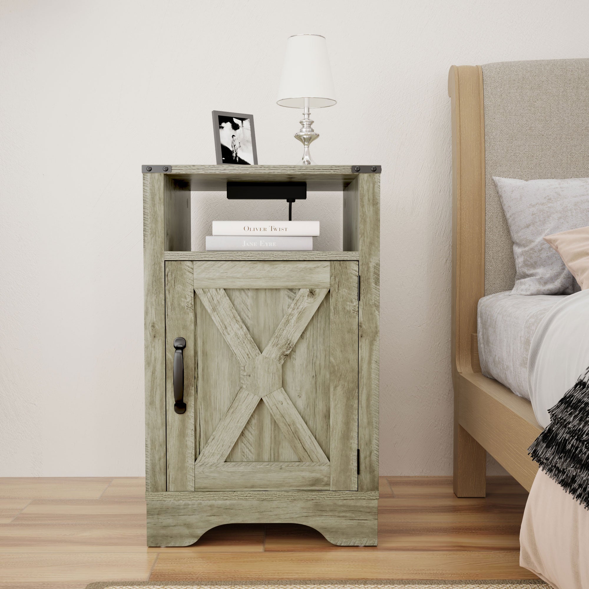 RoyalCraft Farmhouse Nightstand, Bedroom Table with Charging Station, Light Grey