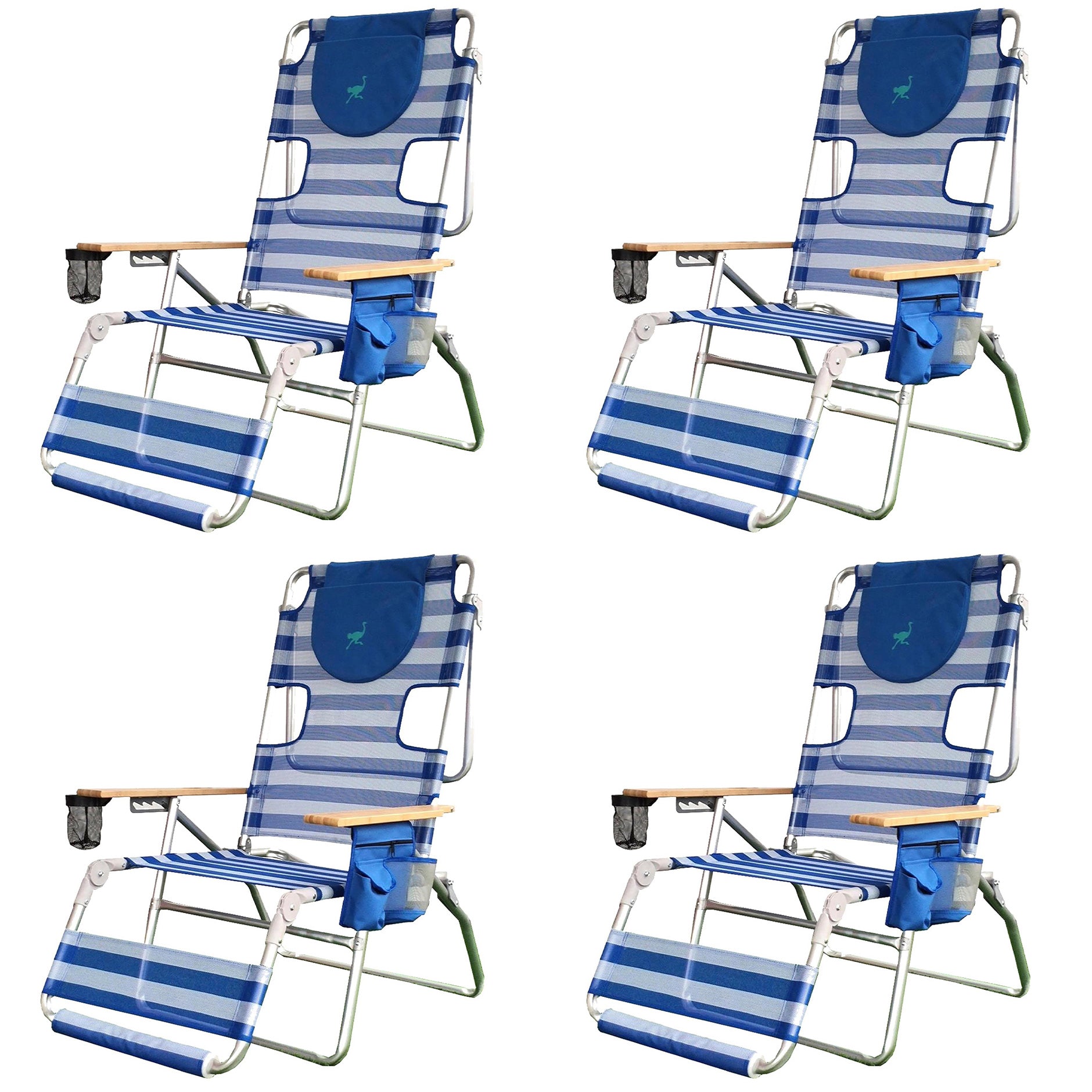 Ostrich 3-N-1 Altitude Outdoor Reclining Patio Beach Lounge Chair, Blue (4 Pack)