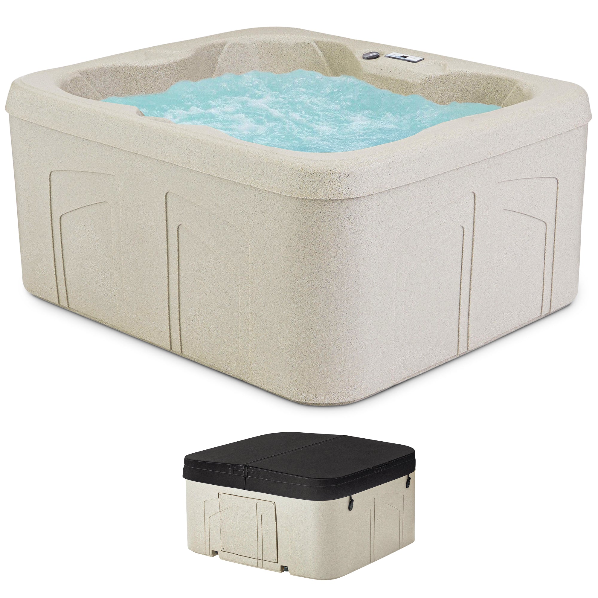 Spas 4 Person Plug & Play Square Hot Tub Spa w/ 13 Jets & Cover, Beige (Used)