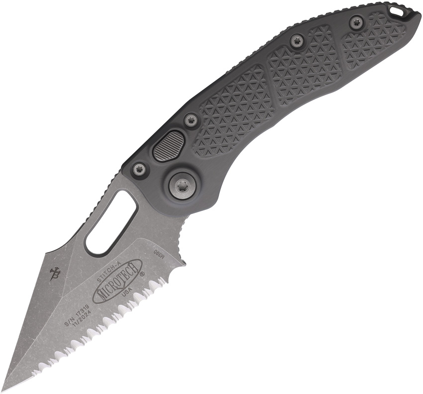 Microtech Automatic Pocket Knife Stitch S/E Button Lock AP Gray - MCT16912APNC