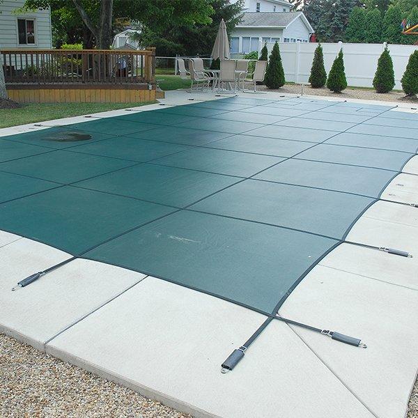 GLI - 18' x 36' Rectangle with 4' x 8' Left Side Step Mesh Safety Pool Cover, Gray
