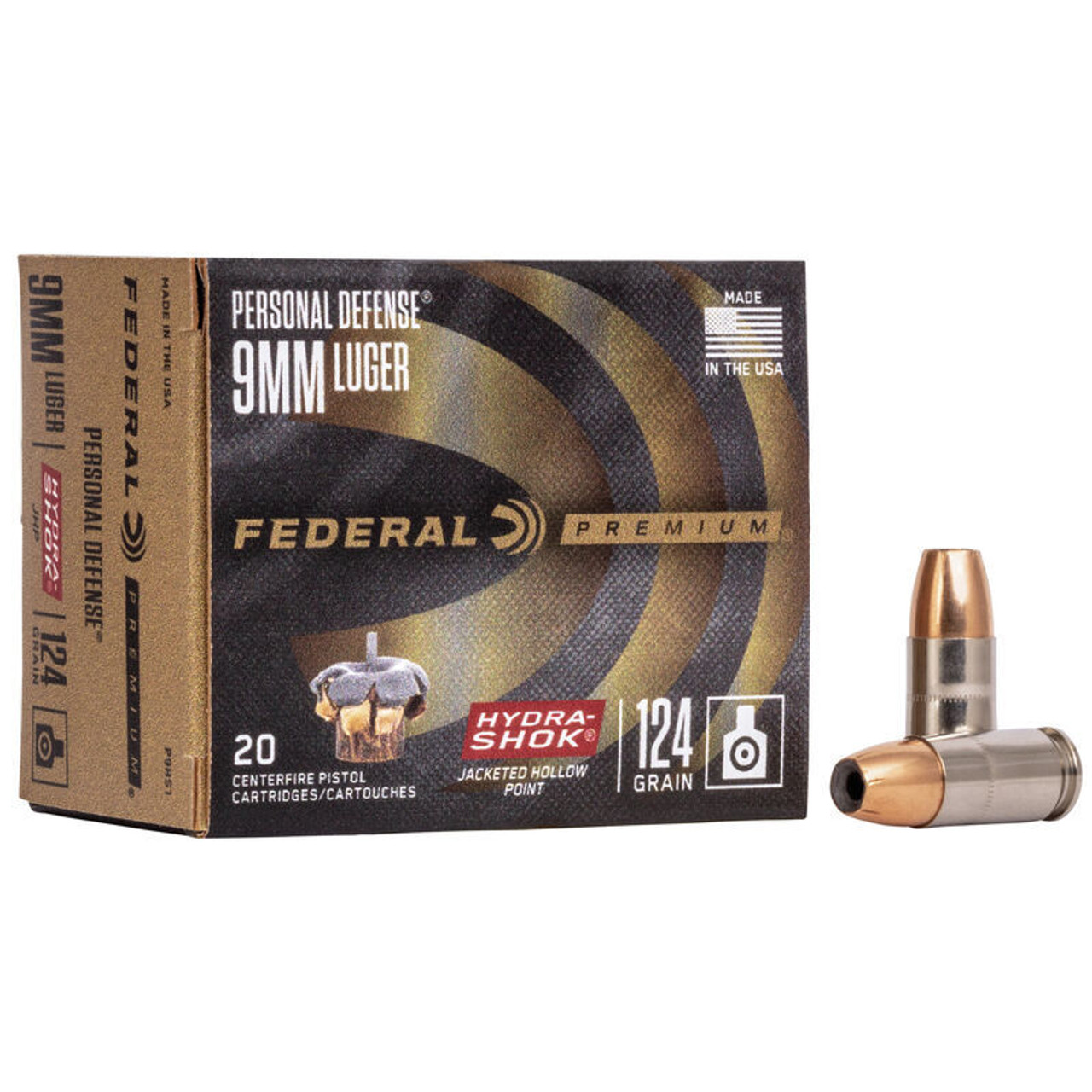 Federal Premium Personal Defense 9mm Luger 124 Grain Hydra-Shok JHP Handgun Ammo (20)