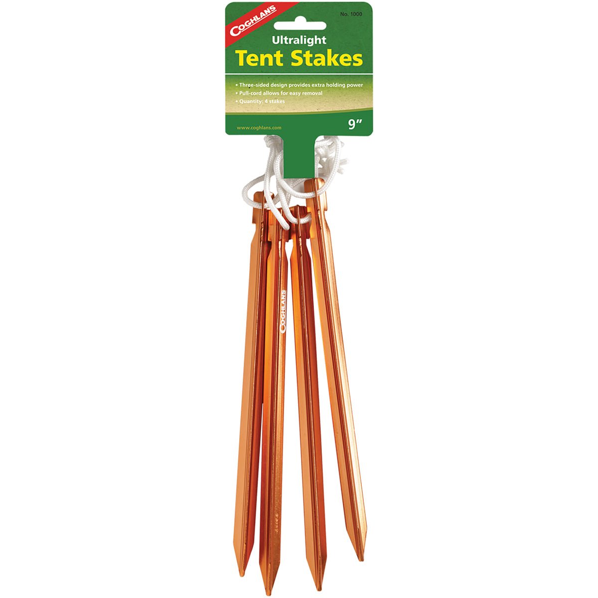 Coghlan's Ultralight Tent Stakes 9" w/ Pull Cord (4 Pack), Backpacking Camping